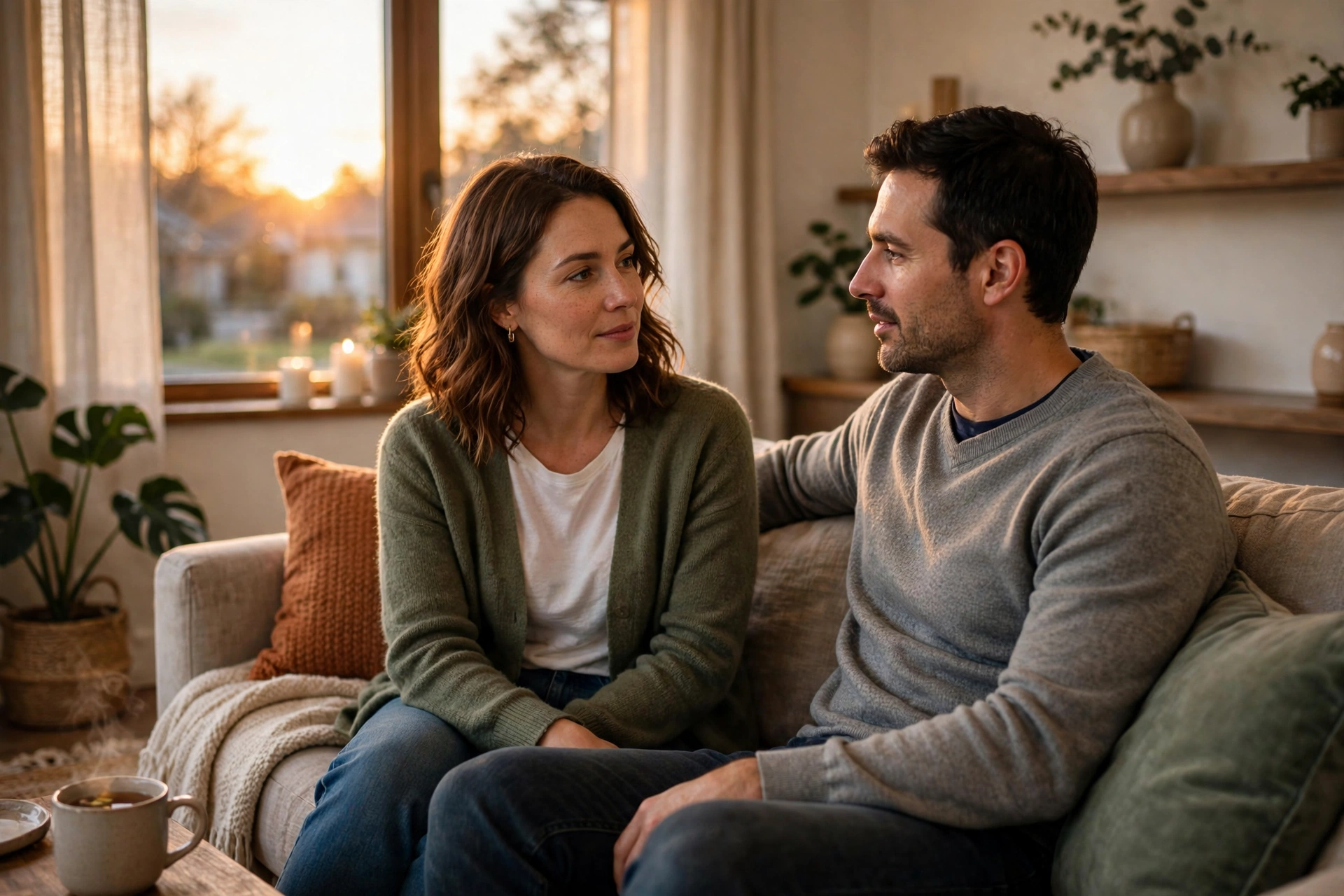 Couple sitting on a couch having a calm, supportive conversation about their relationship, illustrating how couples can stop arguing about sex and fight fair