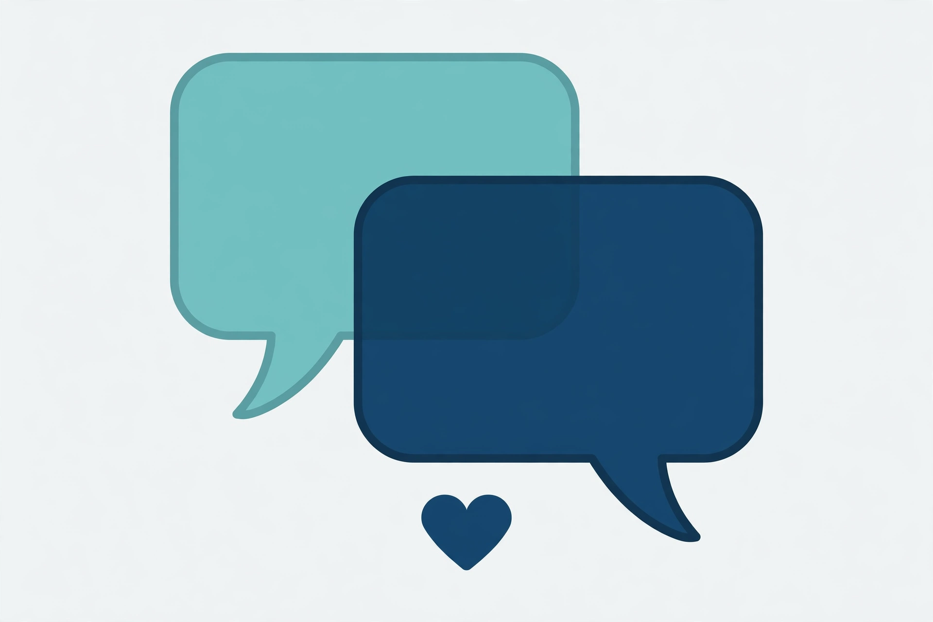 Flat illustration of two overlapping speech bubbles in teal and navy above a heart icon, symbolizing calm communication and listening between partners arguing about sex relationship issues