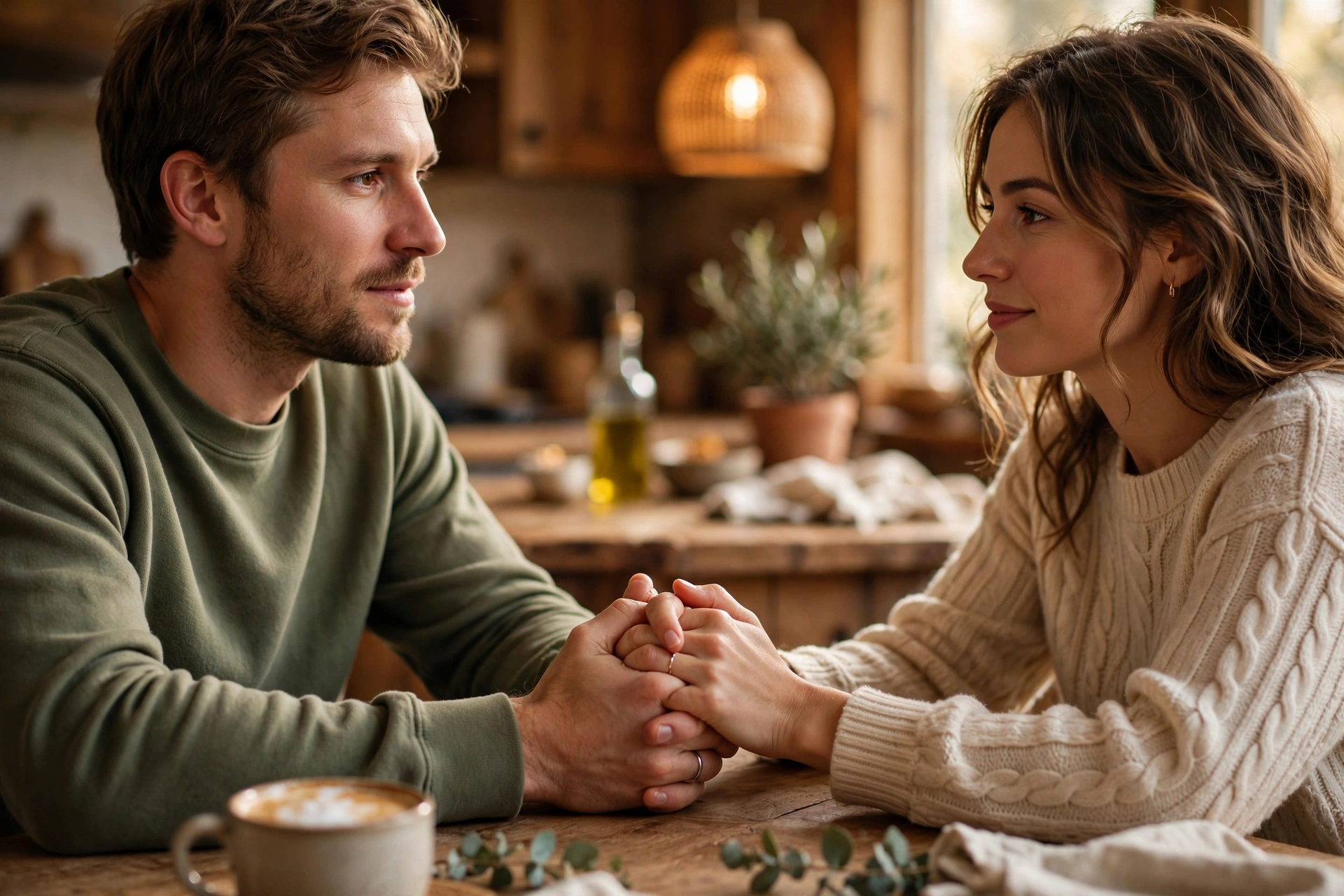 Couple holding hands across a kitchen table during a calm conversation at home, symbolizing emotional connection and repair after a disagreement
