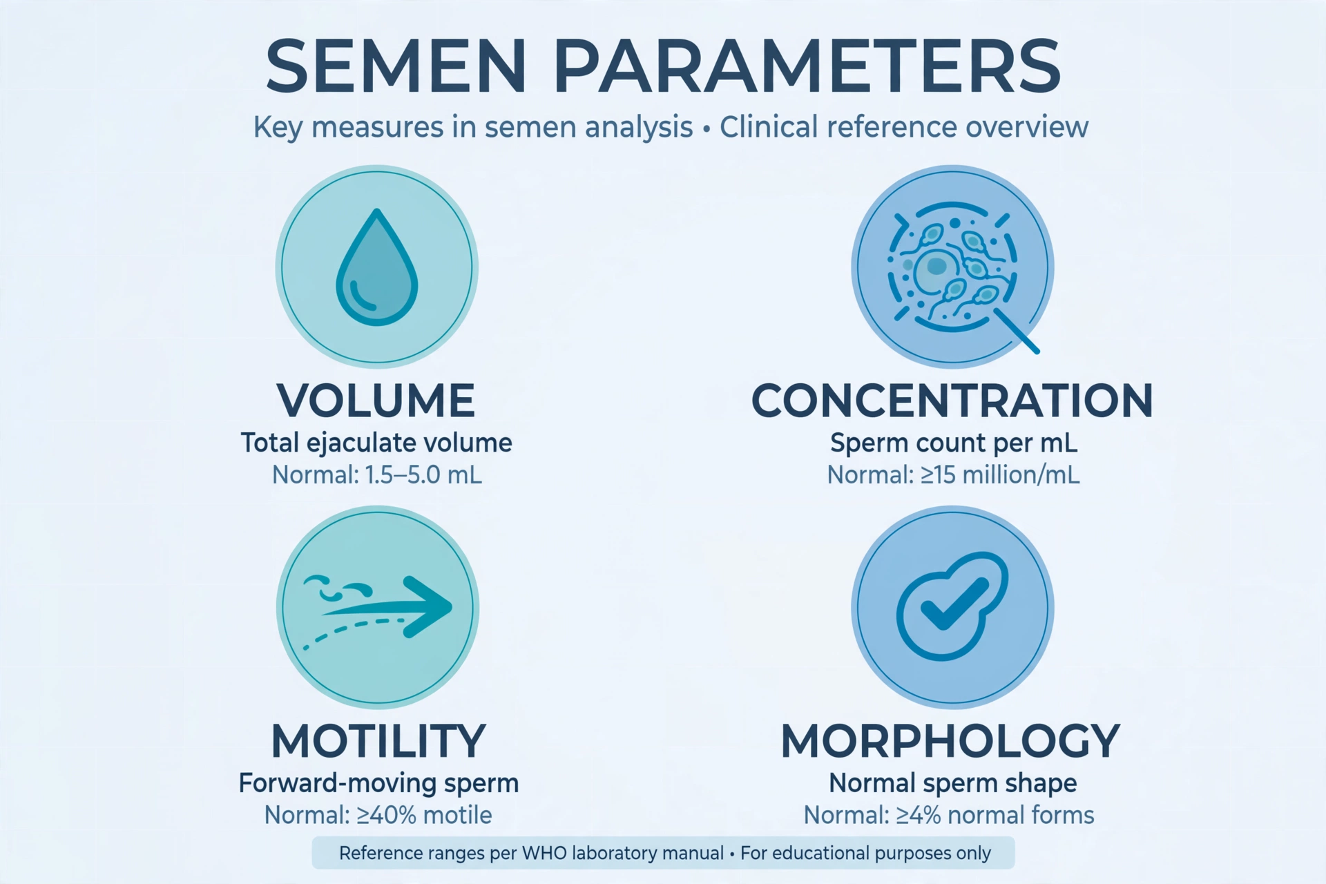 Diagram of the four key semen parameters measured in semen analysis: volume, concentration, motility, and morphology