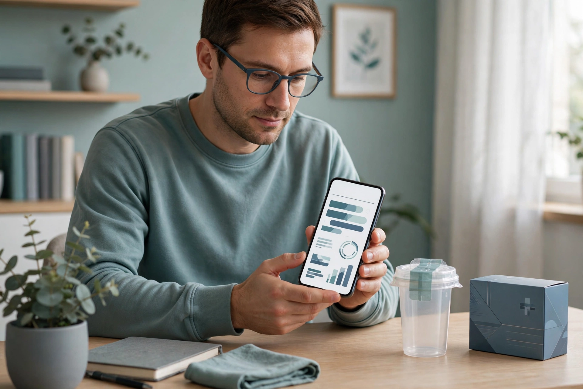 Man at home reviewing at home semen analysis accuracy results on a smartphone with a test kit on his desk