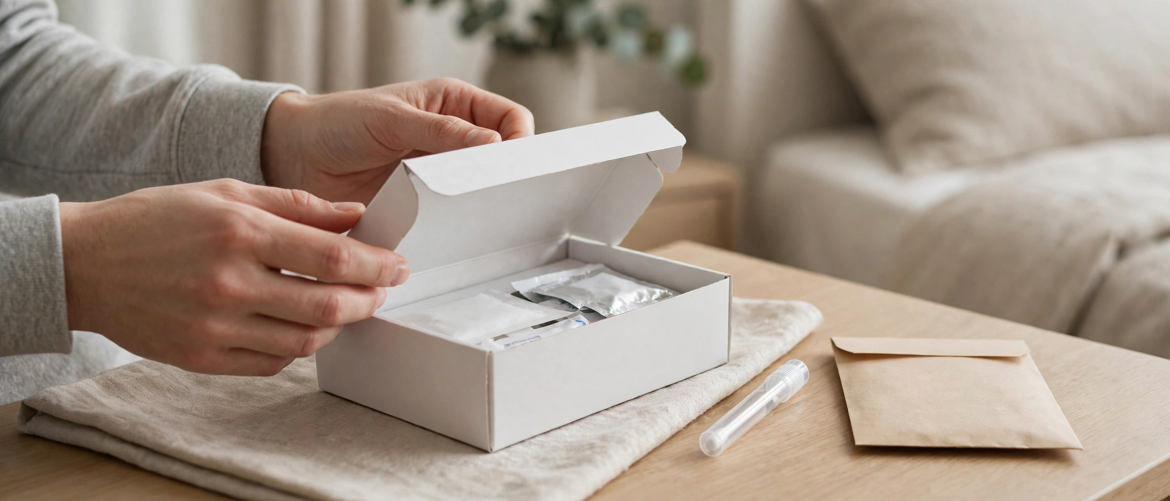 Person opening a discreet at-home STI test kit box on a bedside table