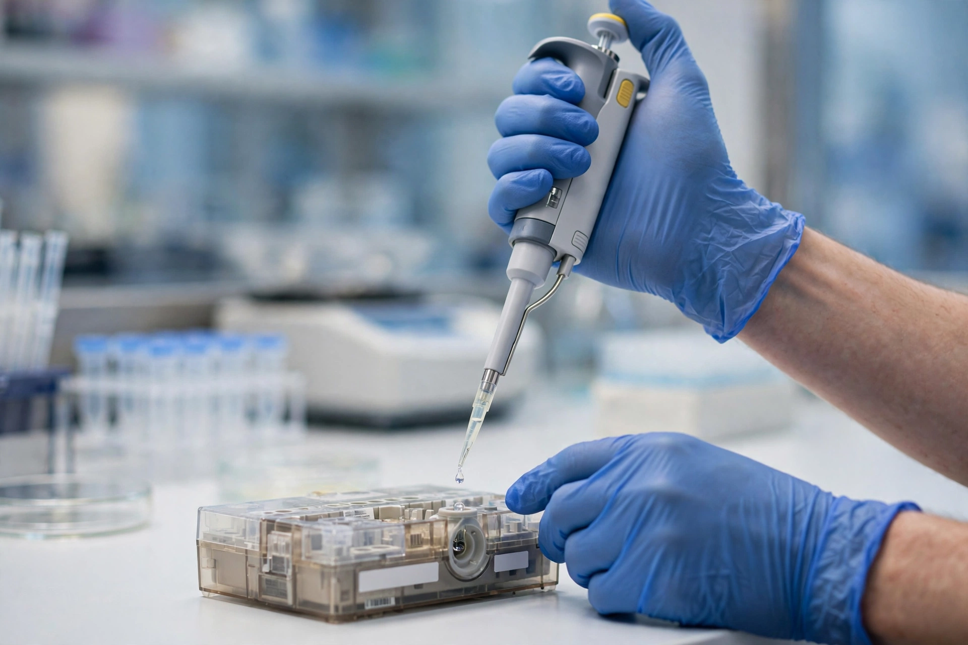 Laboratory technician pipetting a sample to verify at home STI test accuracy in an accredited lab