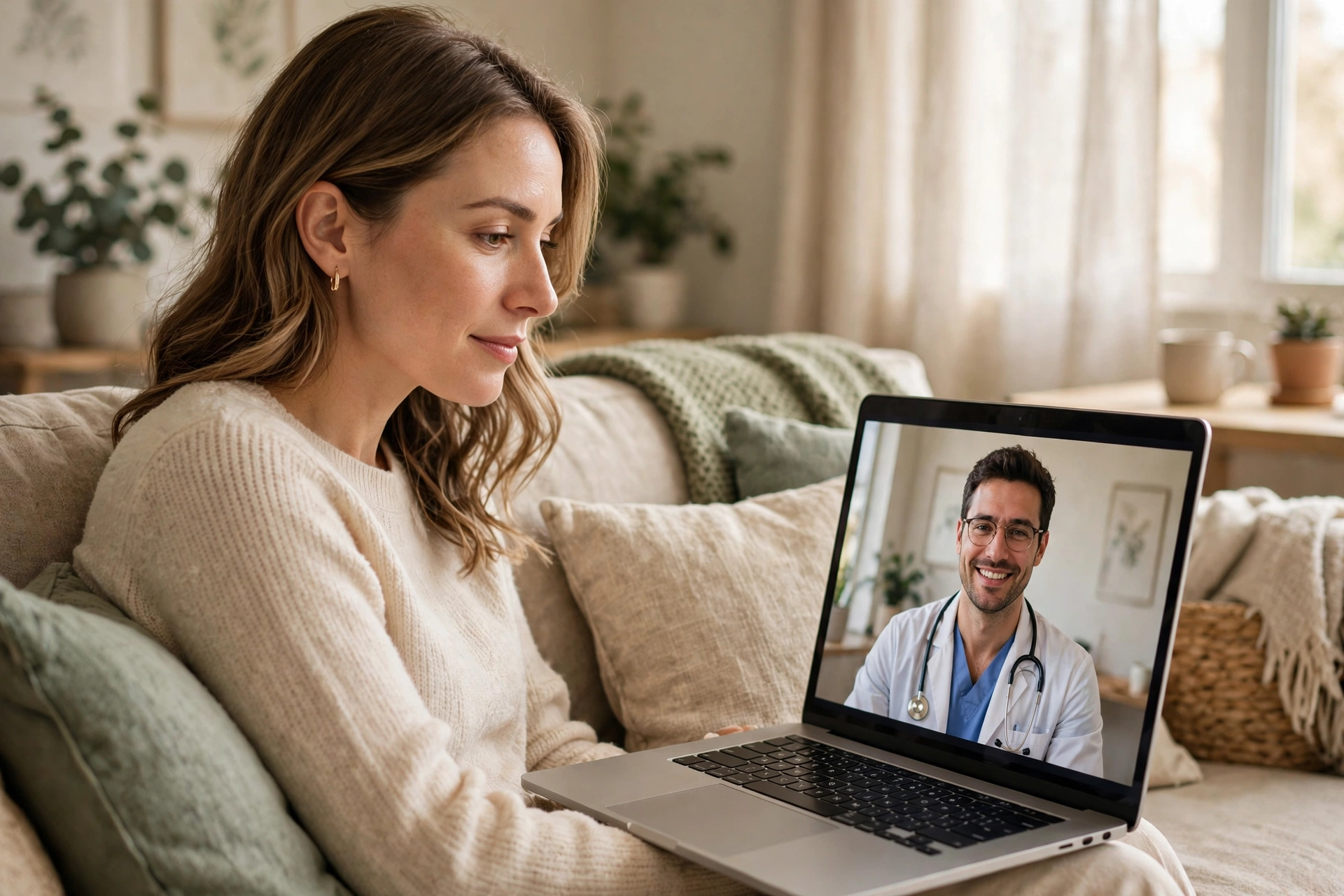 Woman receiving telehealth consultation with a doctor on a laptop at home
