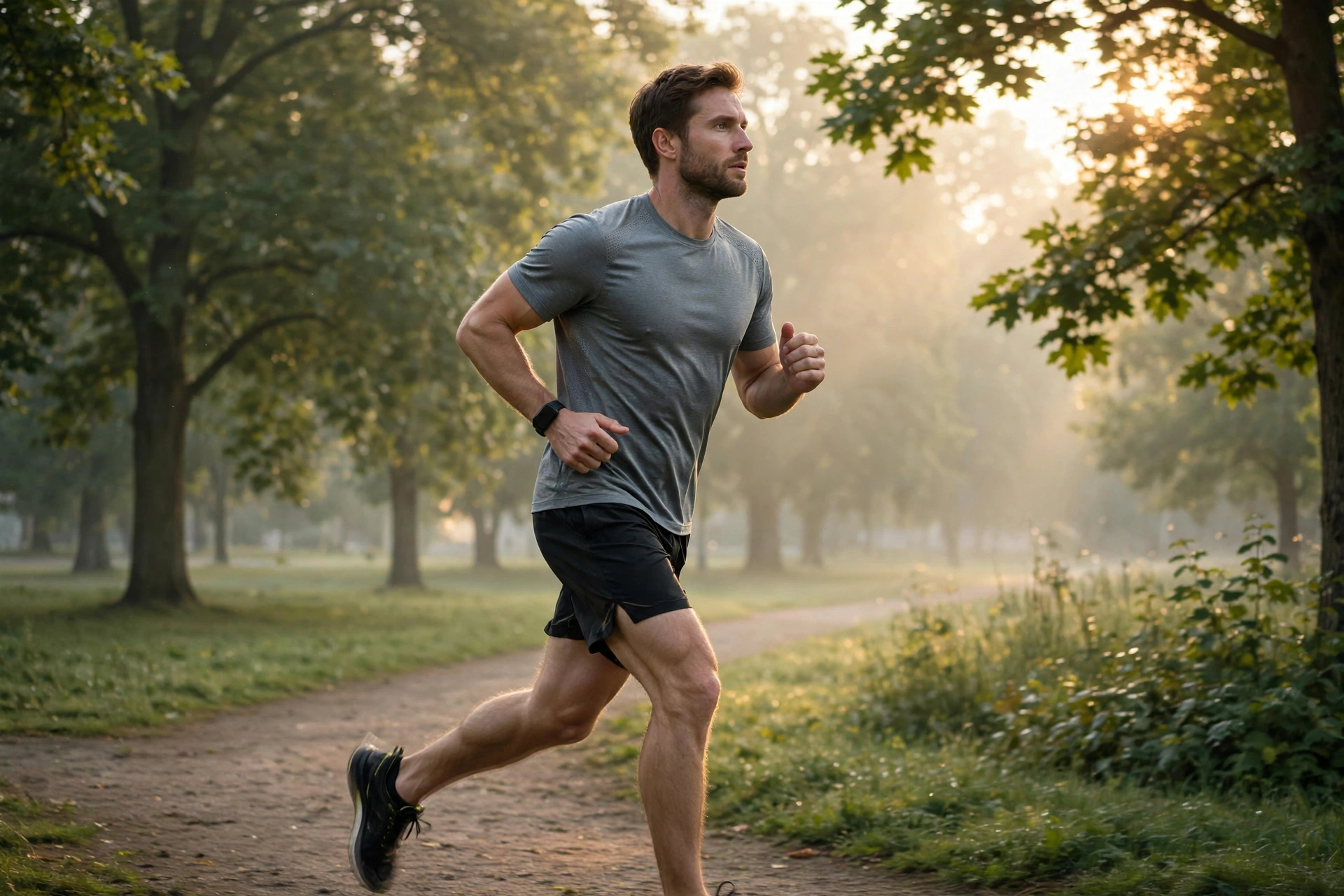Athletic man jogging in a park at sunrise, illustrating regular exercise as a natural way to support sperm health
