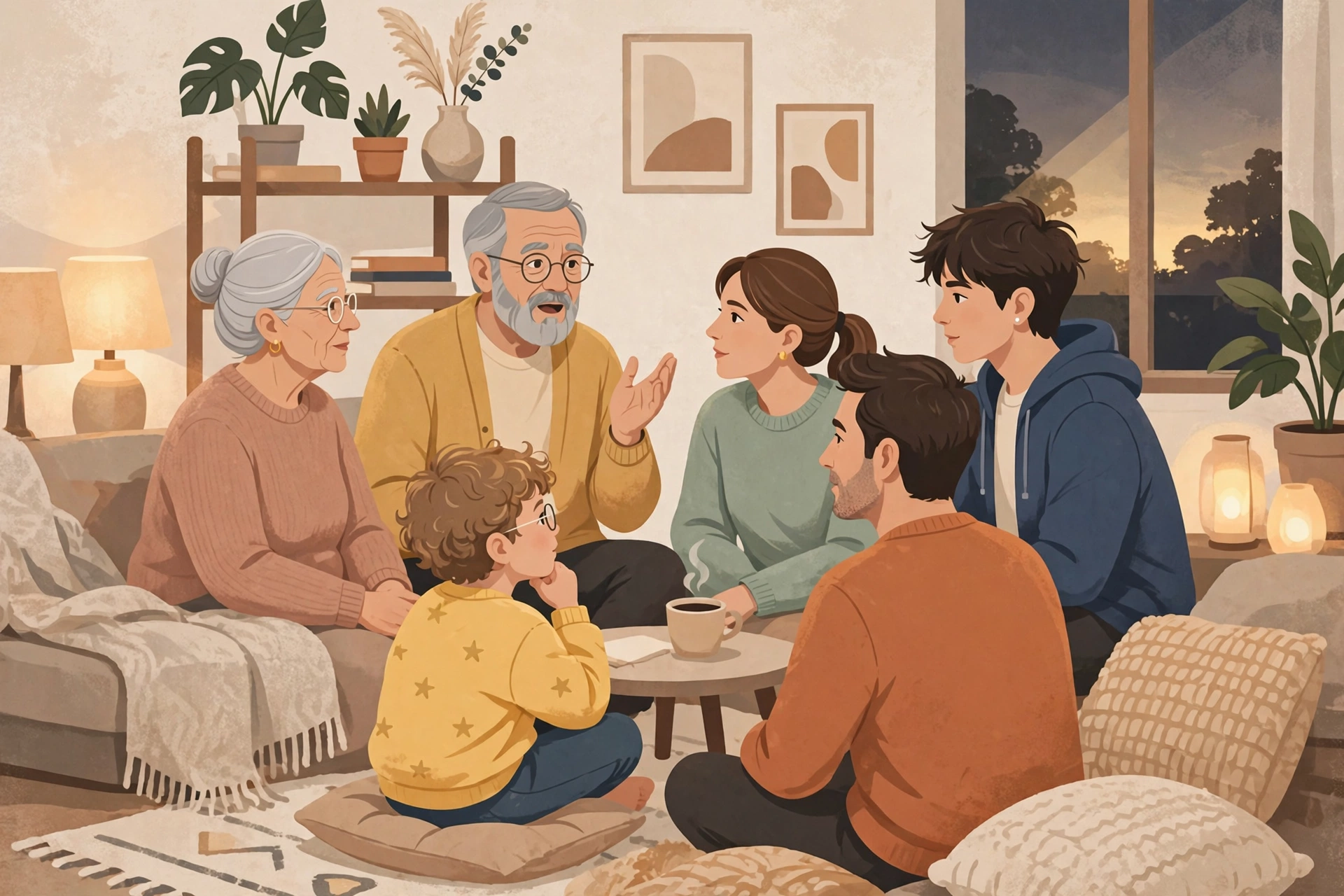 Warm editorial illustration of a multigenerational family talking calmly together in a cozy living room, representing balancing family dynamics