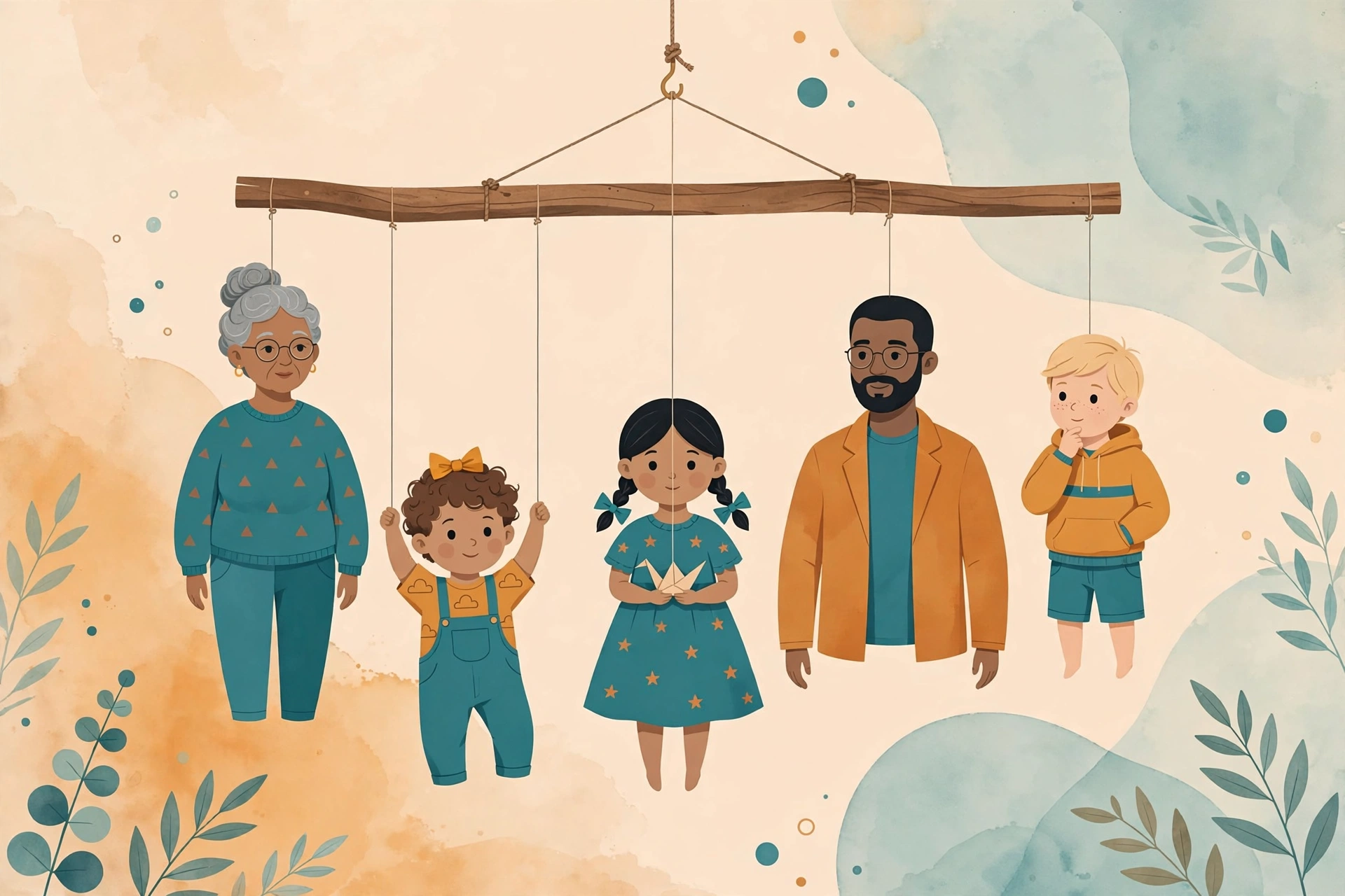 Conceptual illustration of diverse family members hanging in gentle equilibrium from a wooden balance mobile, a metaphor for family dynamics