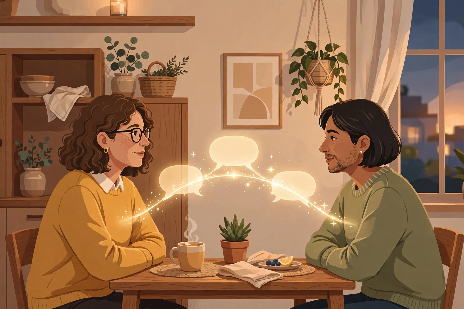 Warm illustration of two adults in calm conversation across a kitchen table with glowing speech bubbles forming a bridge between them
