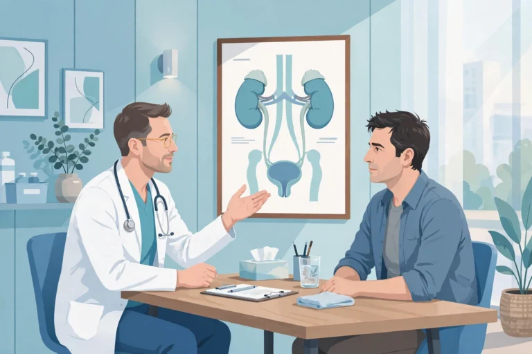 Doctor consulting a male patient about balanitis in a bright modern urology clinic