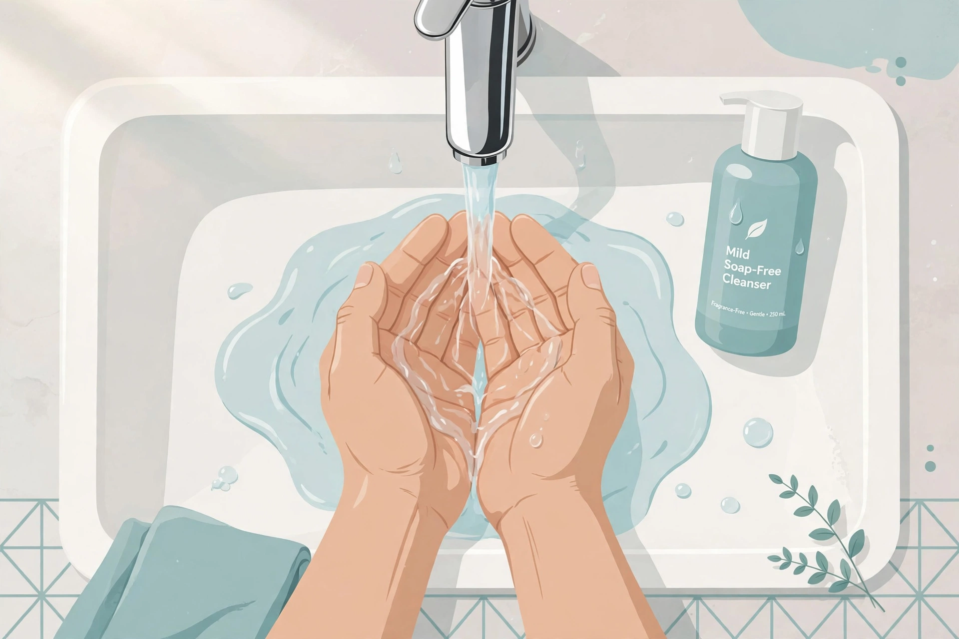 Man gently rinsing his hands under warm water as part of a careful daily hygiene routine