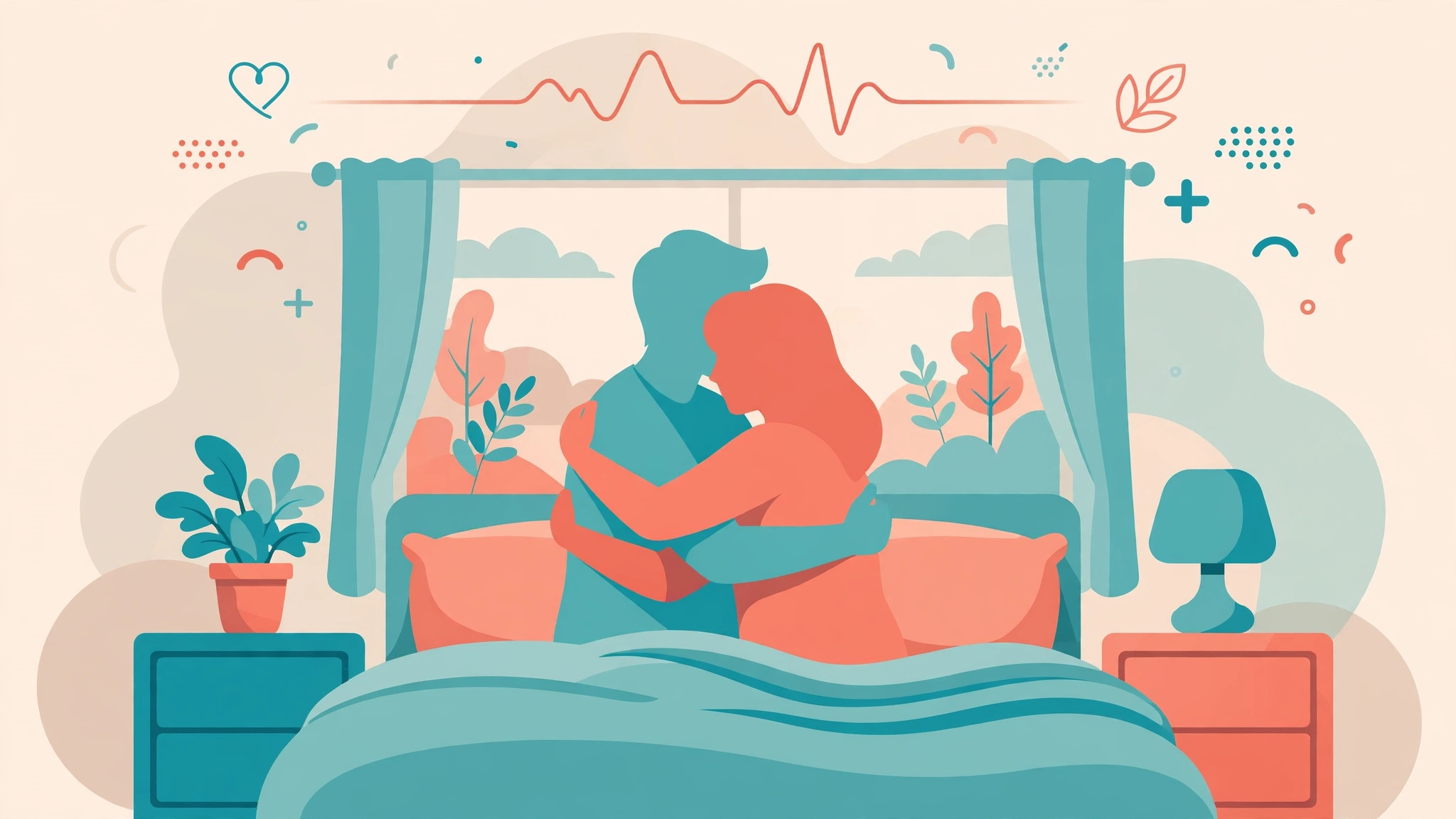 Best sex positions for beginners shown in a tasteful flat-vector illustration of an embracing couple