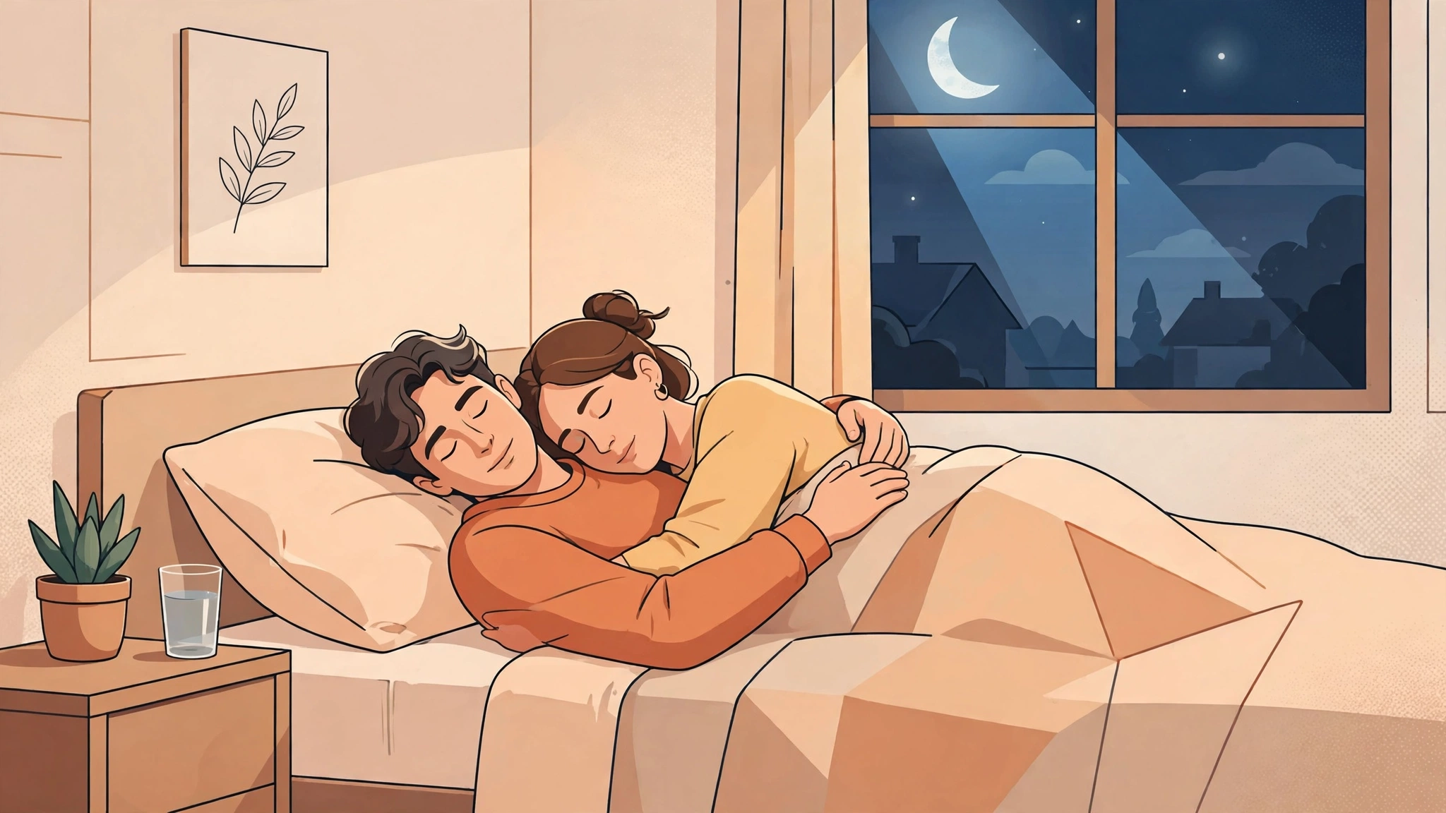 Tasteful flat-vector illustration of a relaxed couple exploring intimacy as beginners