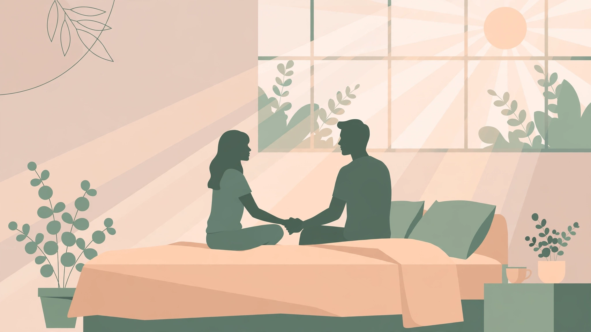 Couple holding hands on a bed in soft morning light, talking about trying toys for the first time