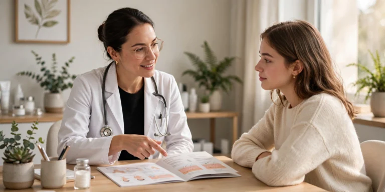 Female doctor discussing birth control for acne with a young woman patient at a bright clinic desk