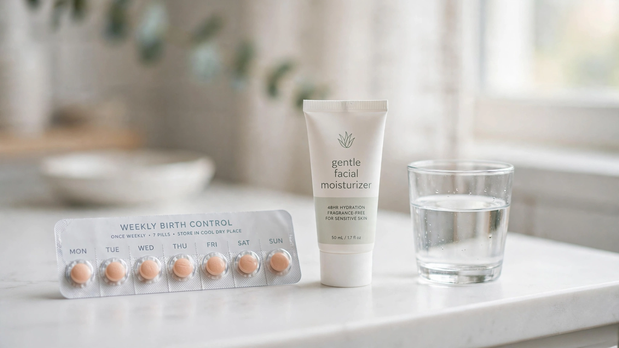 Birth control pill blister pack next to a gentle facial moisturizer and glass of water on a bathroom counter