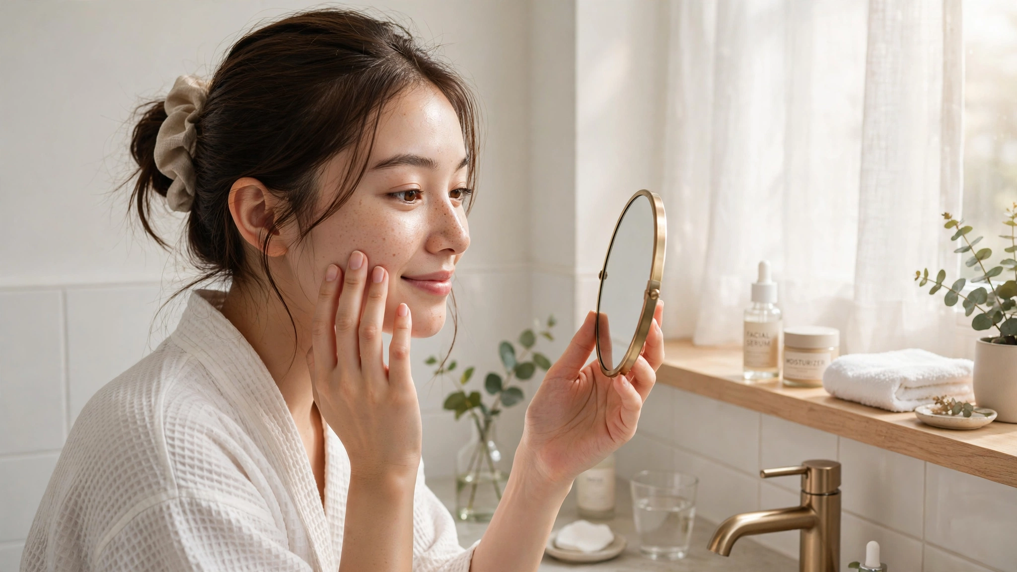Young woman checking her clear skin in a hand mirror in a bright bathroom