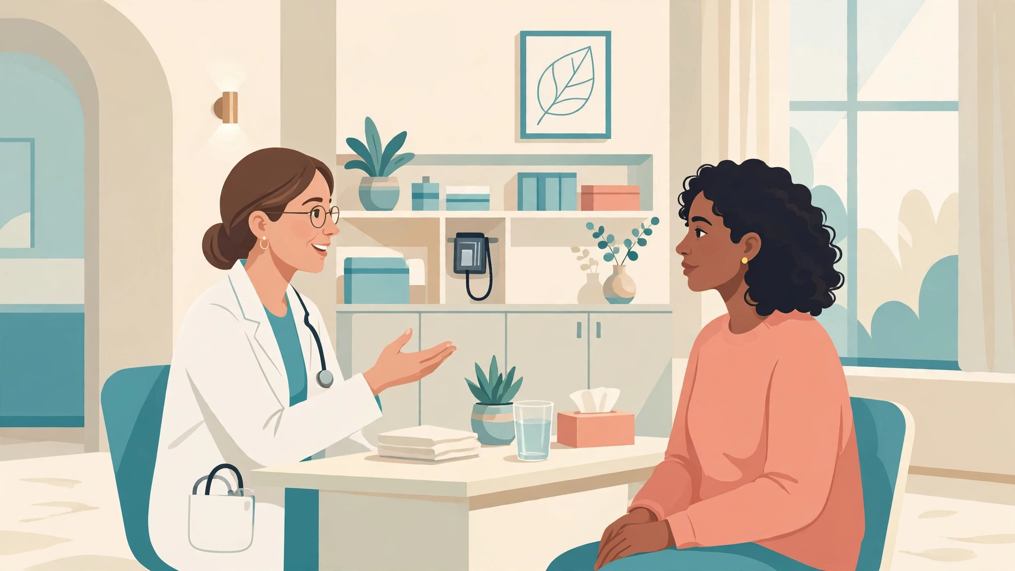 Doctor discussing birth control and sex drive with a patient in a modern clinic