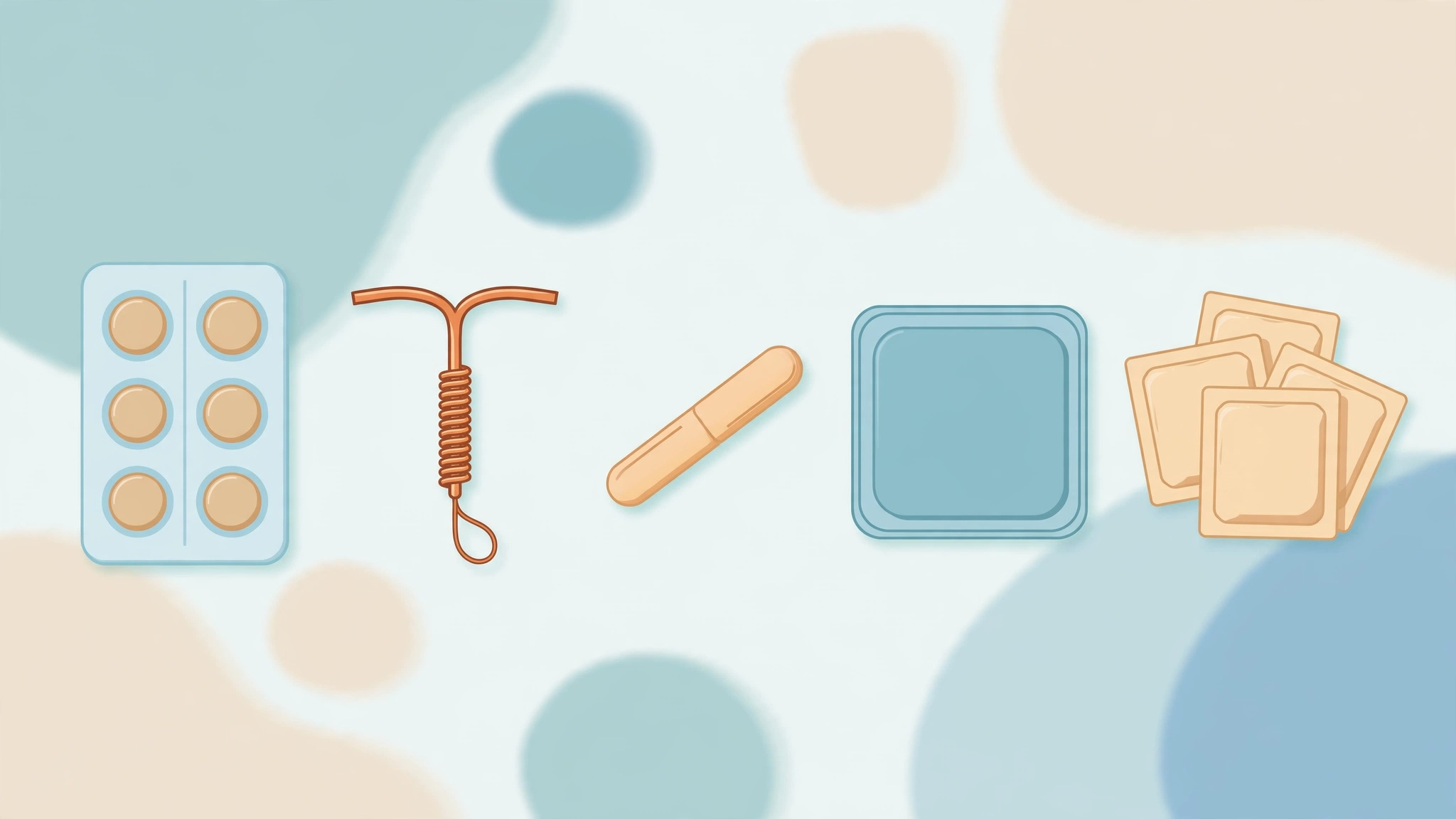 birth control options compared in a flat medical illustration showing contraceptive methods