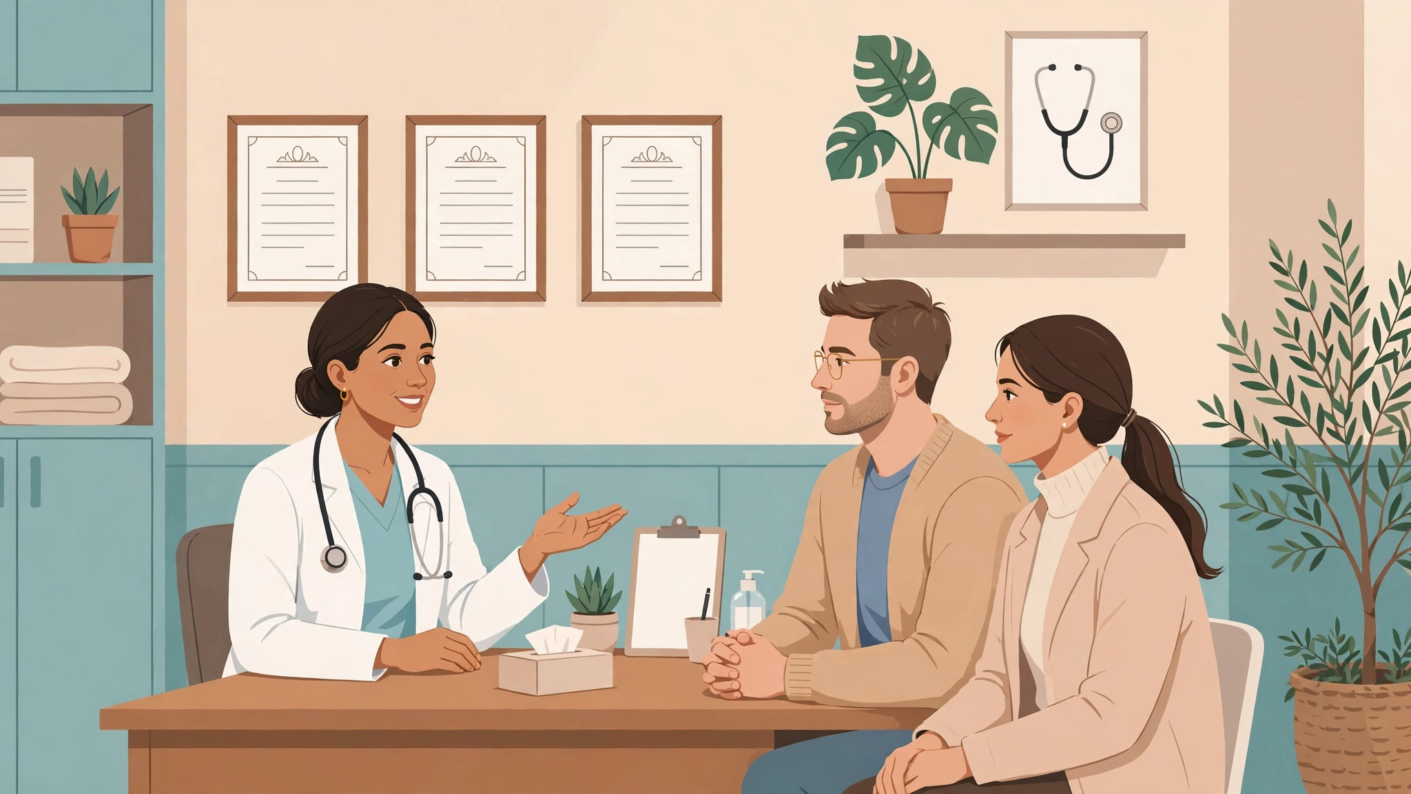 A couple consulting a doctor about which contraception method suits them