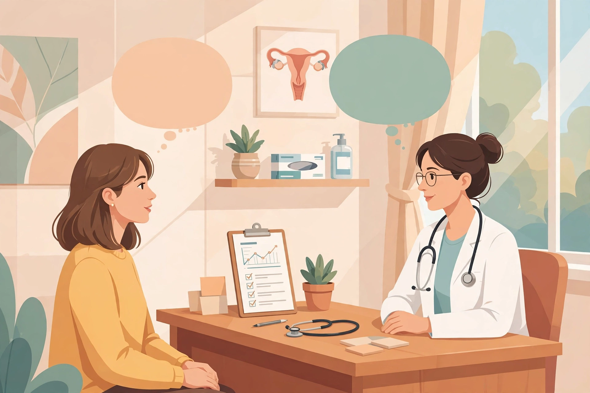 Woman discussing bleeding after sex causes with her gynecologist during a clinic visit