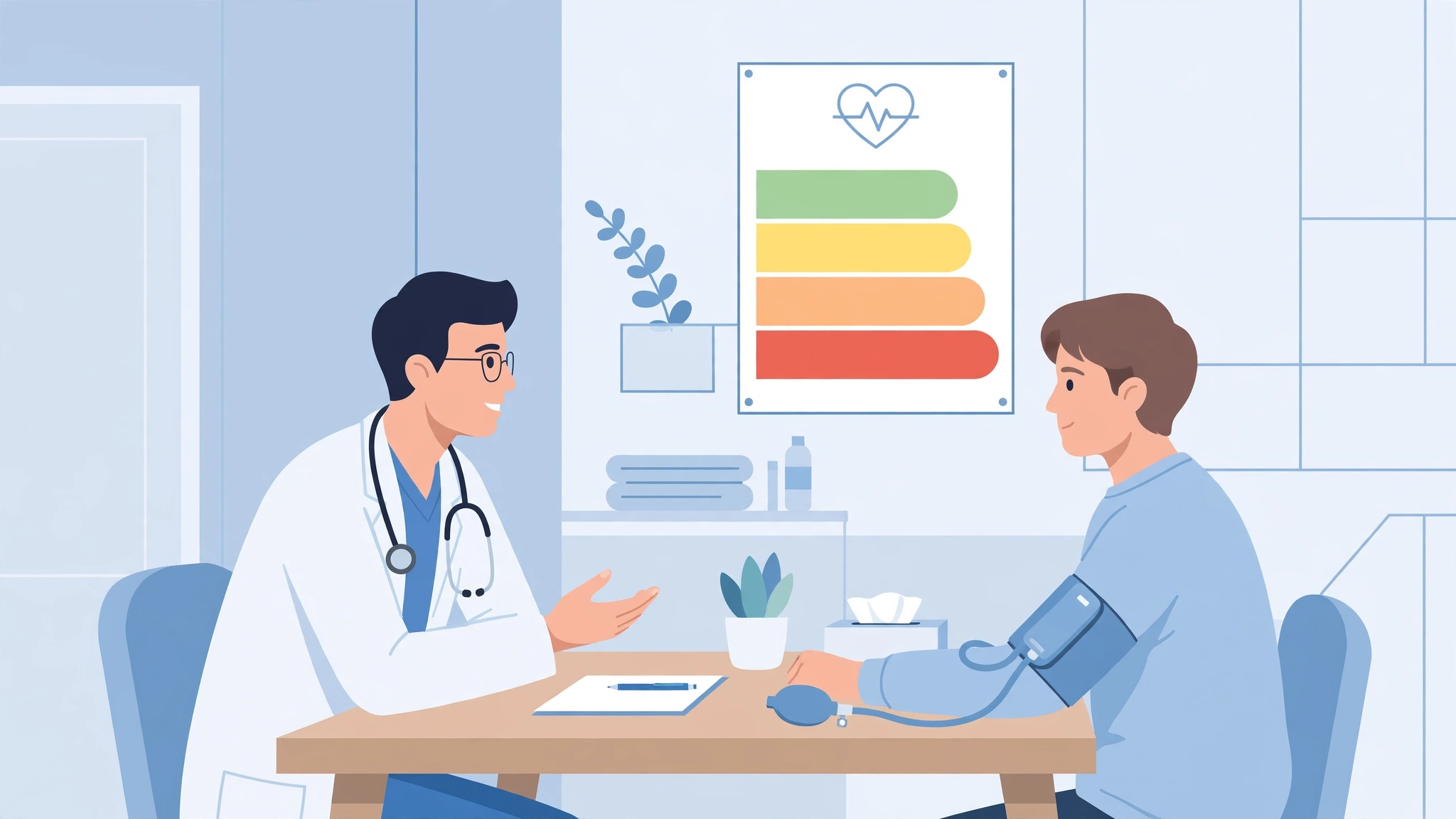 Doctor discussing blood pressure meds and erectile dysfunction with a patient during a consultation