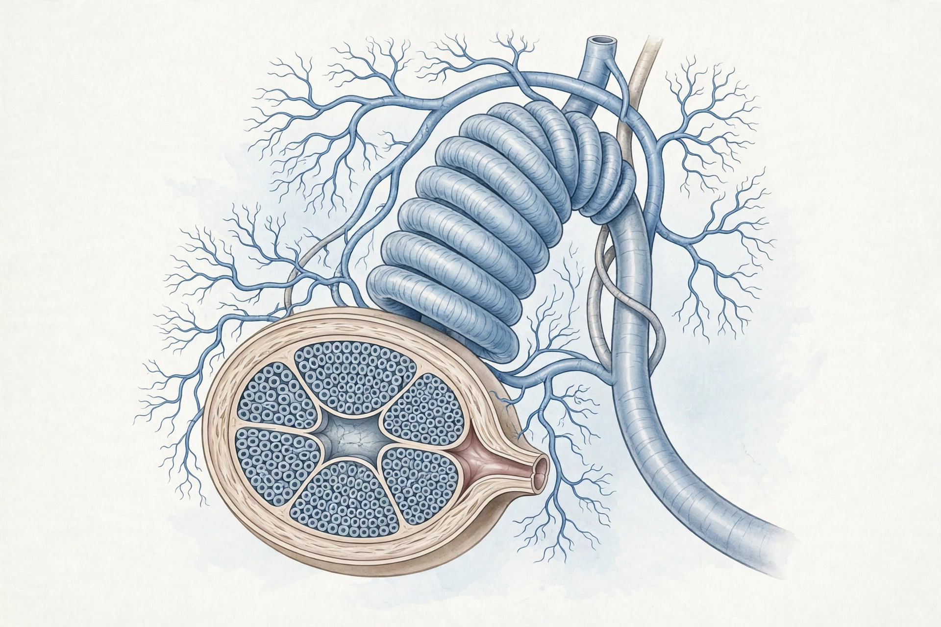 Clinical anatomical illustration of the testicle and epididymis with surrounding blood vessels, explaining blue balls causes