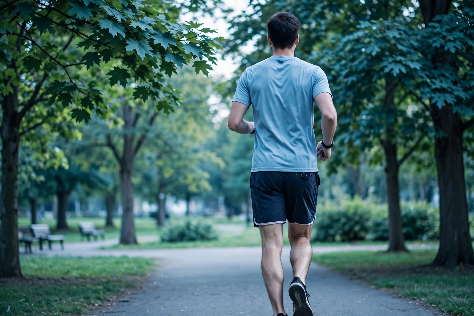 Man jogging on a park path, illustrating exercise as a way to relieve blue balls discomfort