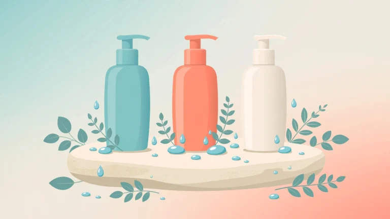 Body safe lubricant guide: three body-safe lubricant bottles — water, silicone, and oil-based — in a spa-style flat illustration