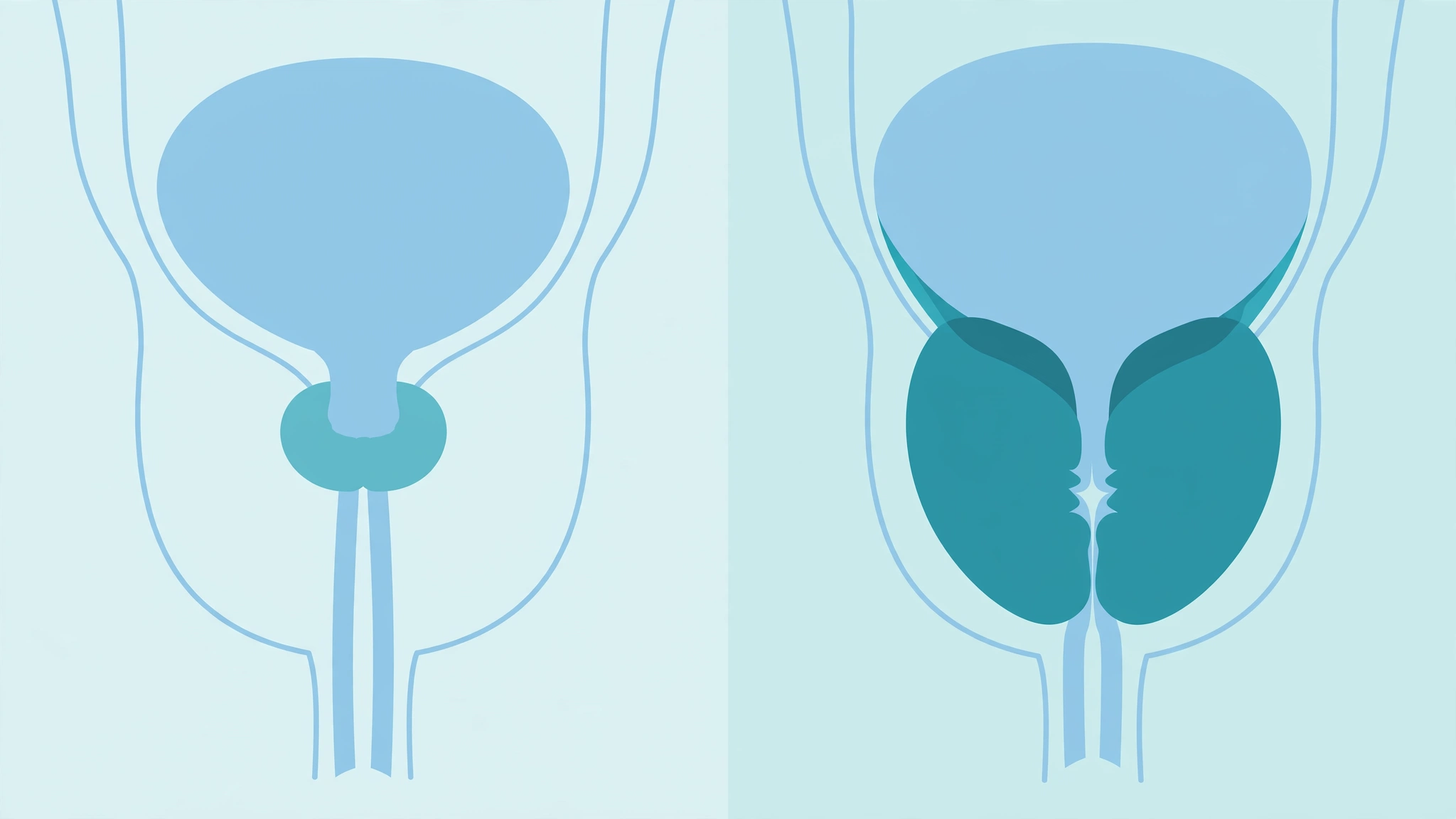 Comparison of a normal prostate and an enlarged prostate pressing on the urethra, a common factor in bph and erectile dysfunction
