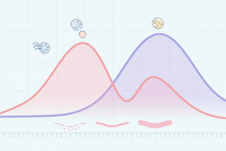 Medical infographic illustration of estrogen and progesterone hormone curves across the menstrual cycle, the cause of breast tenderness before period