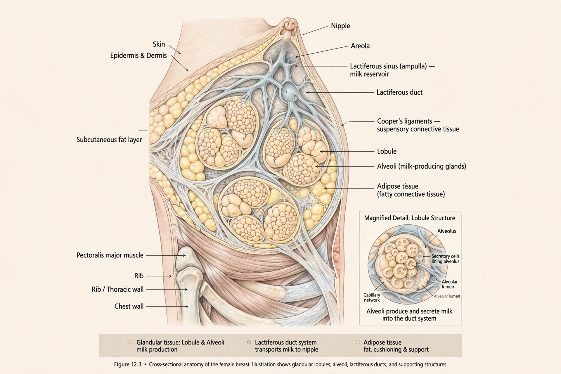 Labeled anatomical cross-section illustration of breast tissue showing milk ducts, lobules, alveoli, and supporting structures