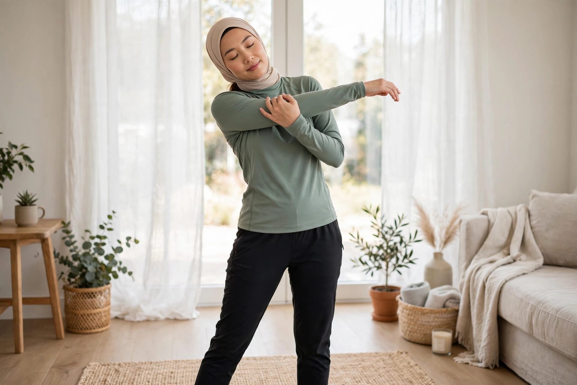 Woman in modest athletic wear doing a gentle stretch in a bright living room, a lifestyle approach for easing premenstrual breast tenderness