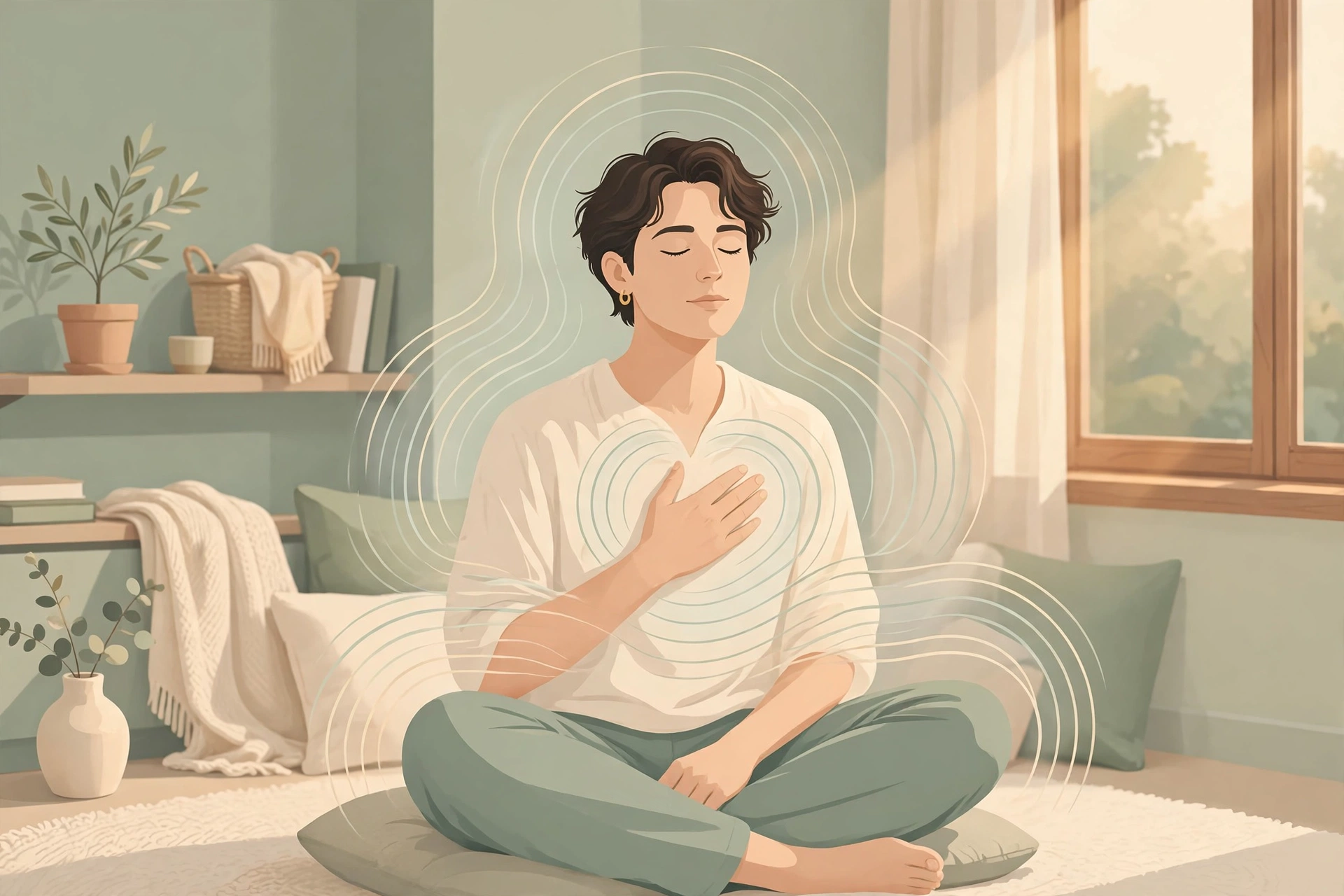 A person pausing with eyes closed and hand on heart, taking a calming breath to replace defensive communication with active listening