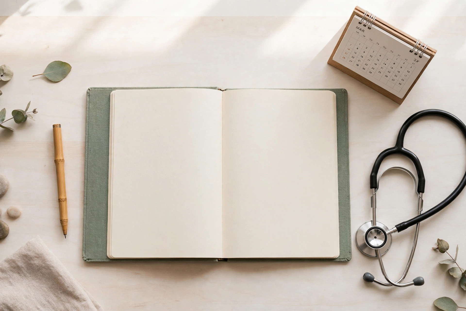 Open health journal, pen, calendar, and stethoscope arranged for tracking ovarian cancer early signs in a symptom diary
