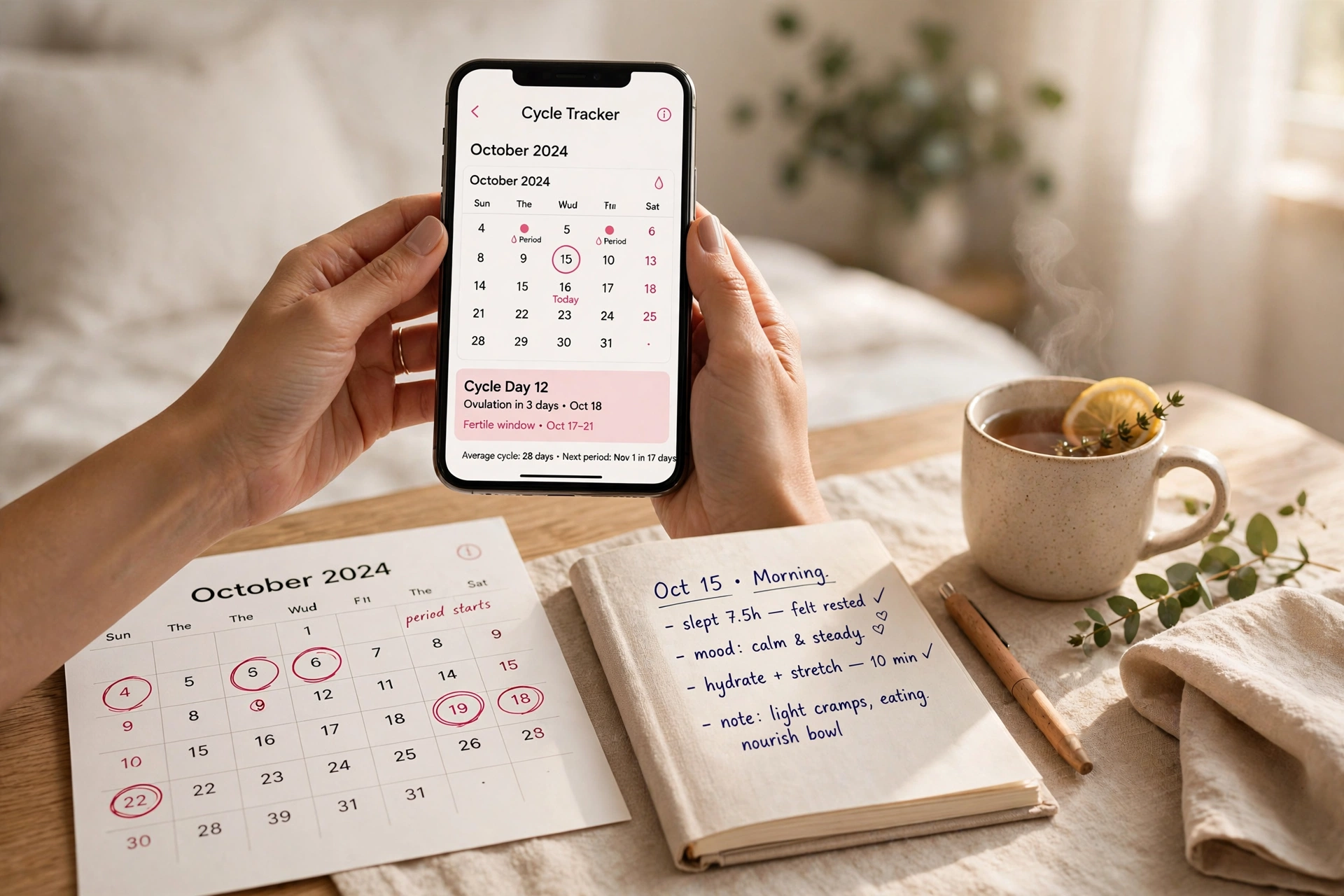 pregnant on period - A woman's hands holding a smartphone with a period-tracking app beside a marked paper calendar used to track ovulation and fertile days