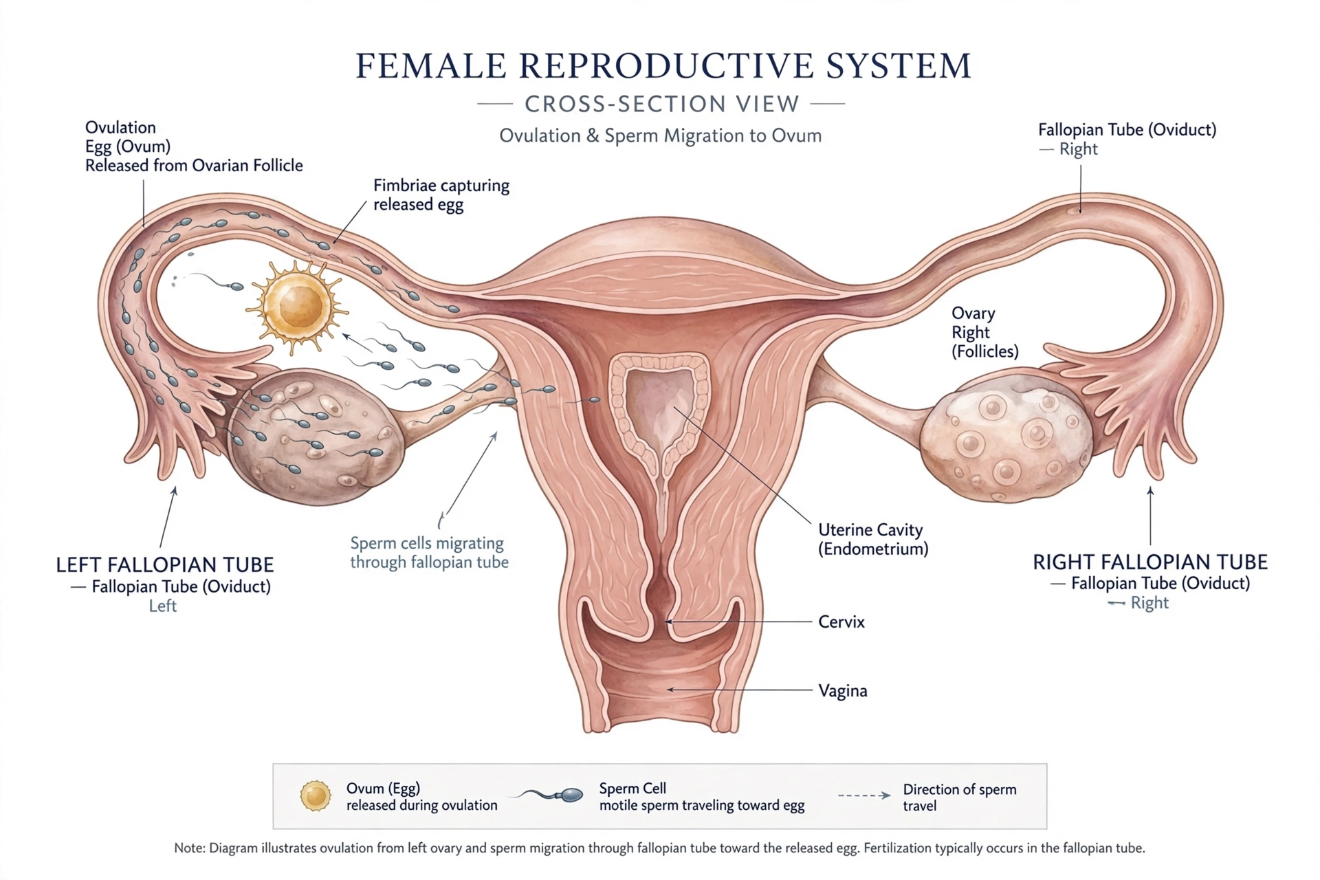 pregnant on period - Clinical anatomical diagram of the female reproductive system showing ovulation, with sperm cells traveling through the fallopian tube toward the released egg