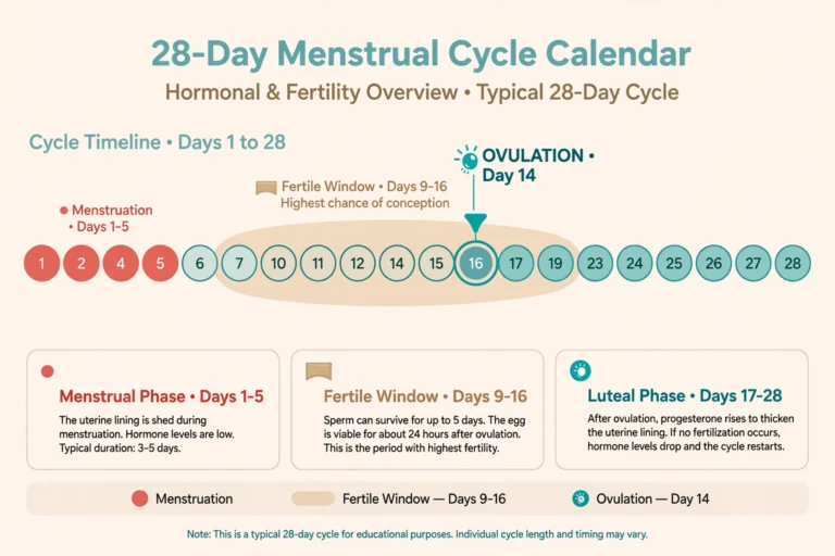 pregnant on period - Infographic of a 28-day menstrual cycle calendar showing the fertile window and ovulation point, explaining whether you can get pregnant on your period