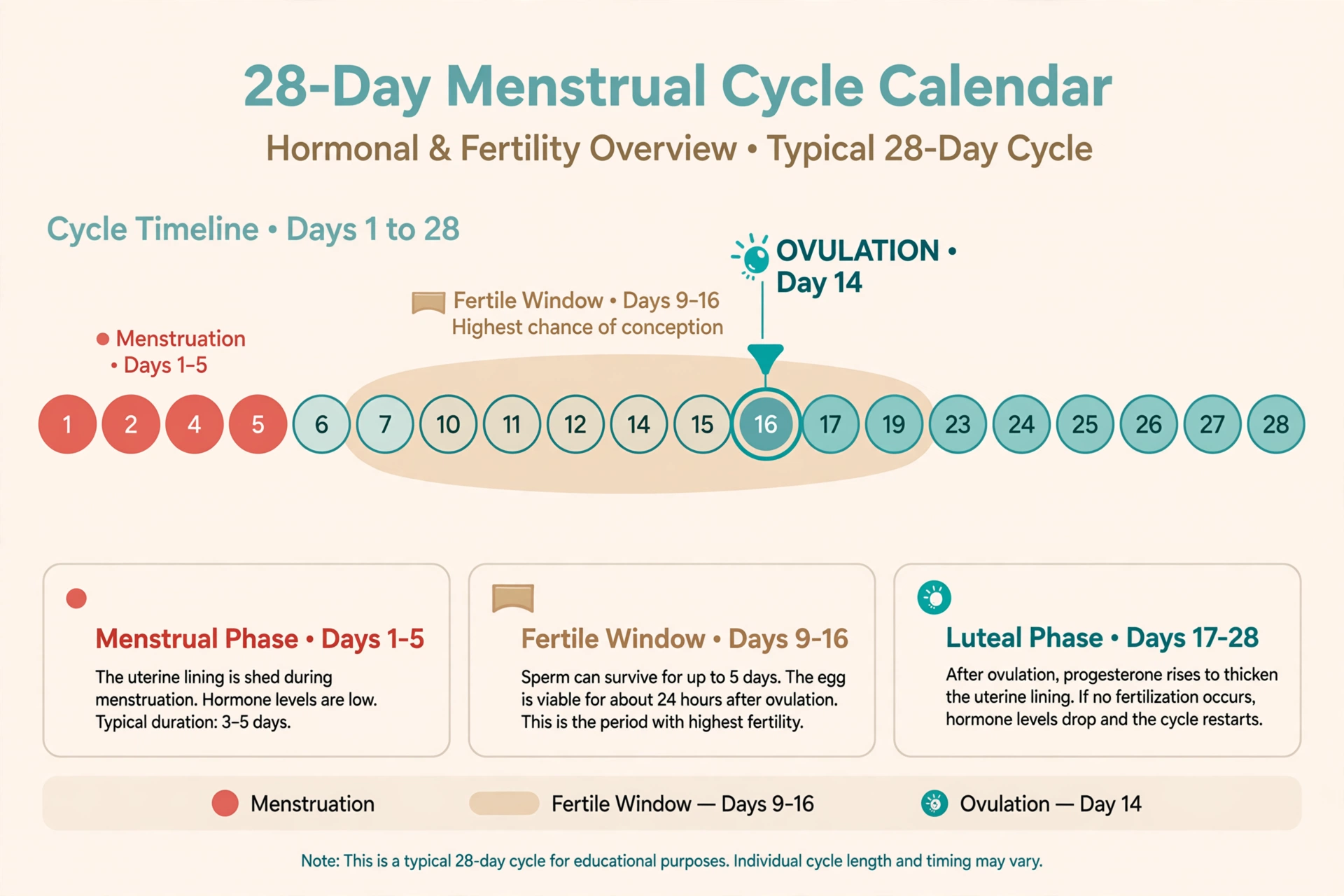 pregnant on period - Infographic of a 28-day menstrual cycle calendar showing the fertile window and ovulation point, explaining whether you can get pregnant on your period
