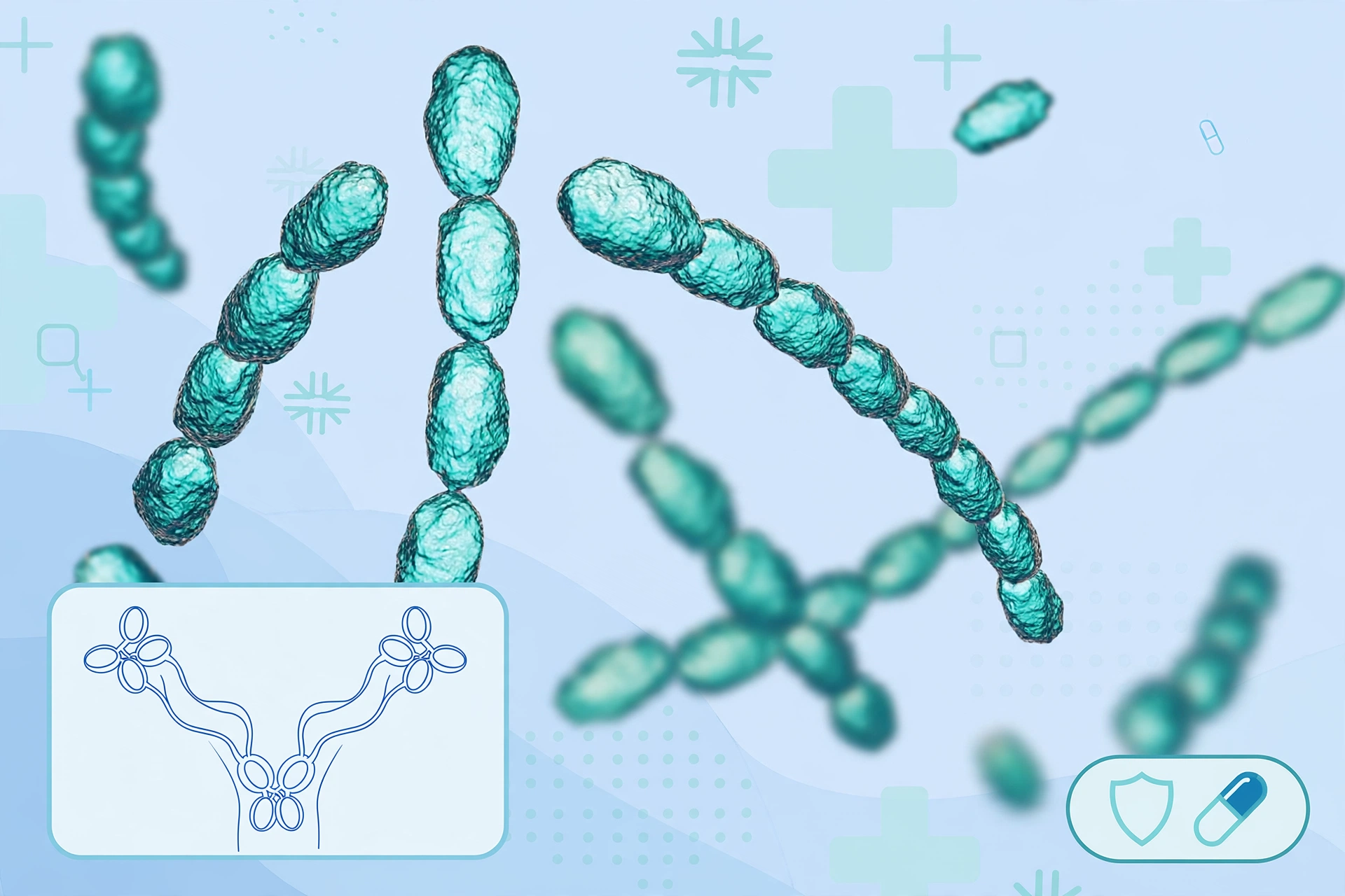 Clinical medical illustration for chancroid symptoms treatment education showing Haemophilus ducreyi bacteria, a groin lymph node diagram, and a treatment shield motif on a blue medical background