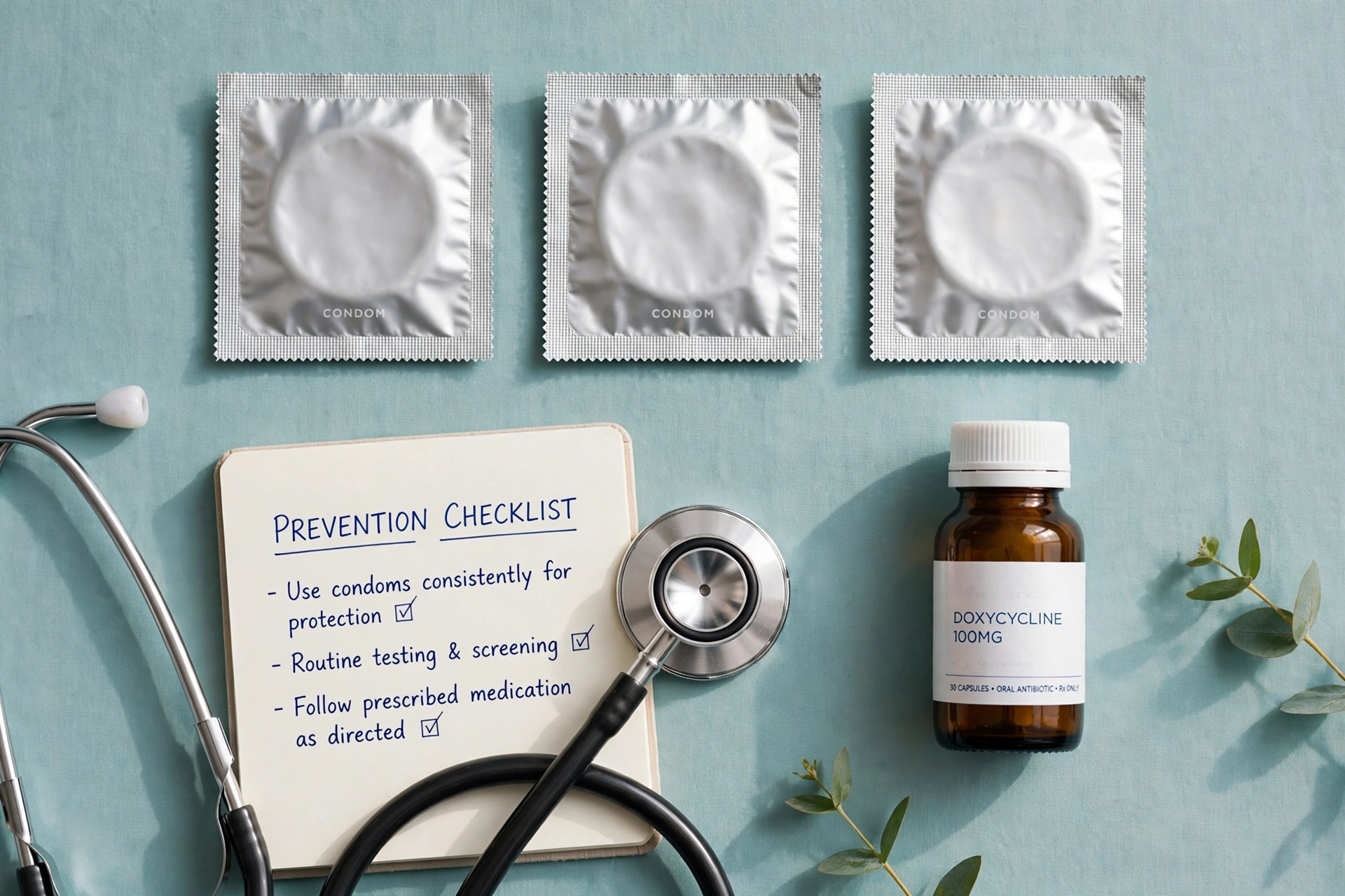Flat-lay of sexual health prevention supplies including sealed condoms and a medicine bottle for chancroid prevention education