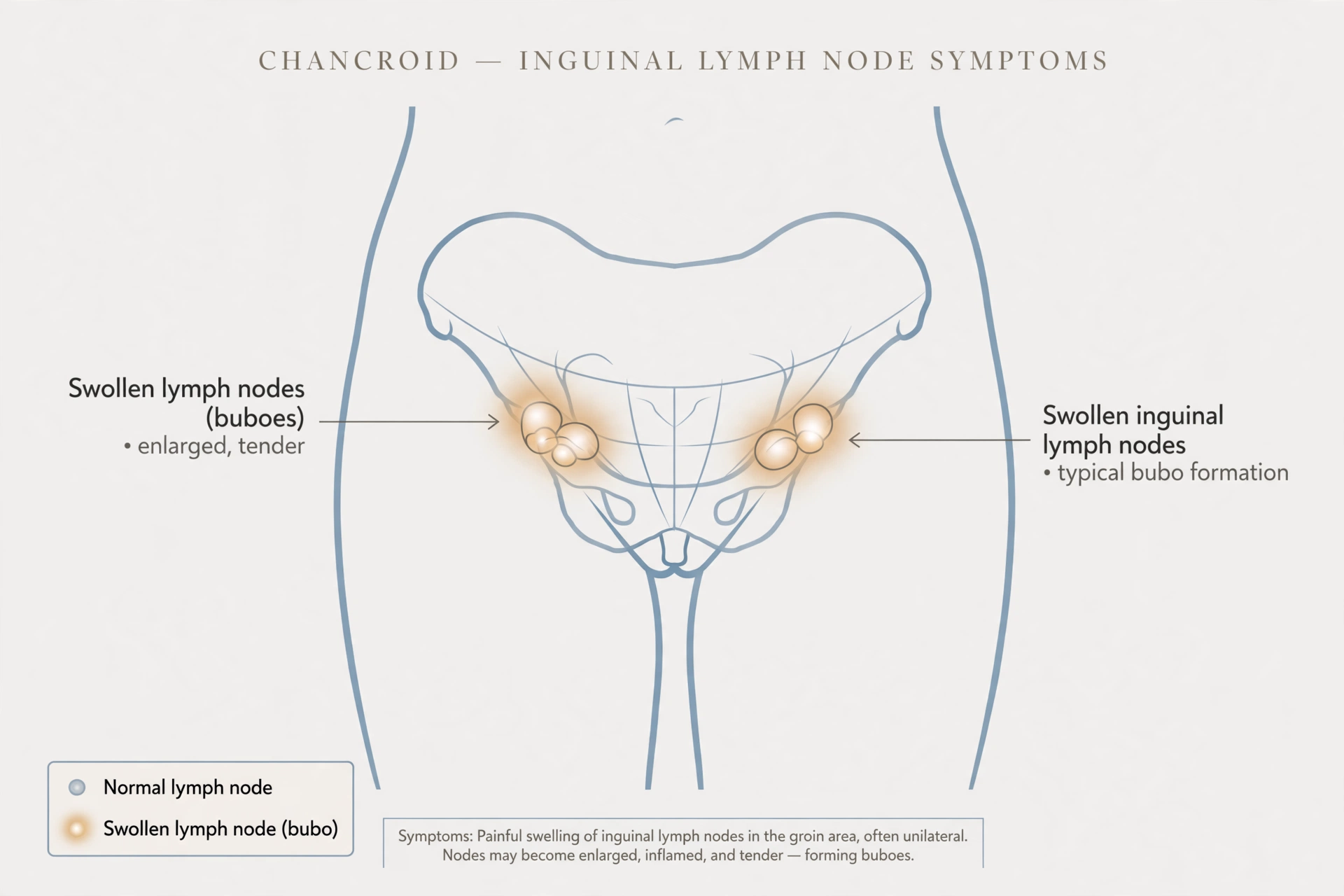 Tasteful anatomical diagram highlighting swollen inguinal lymph nodes (buboes) in the groin area, a common symptom of chancroid infection