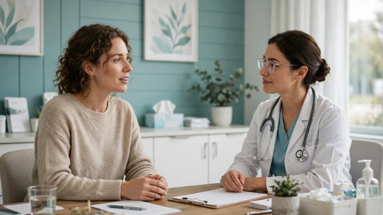 Woman discussing sexual health concerns with a female doctor at a clinic