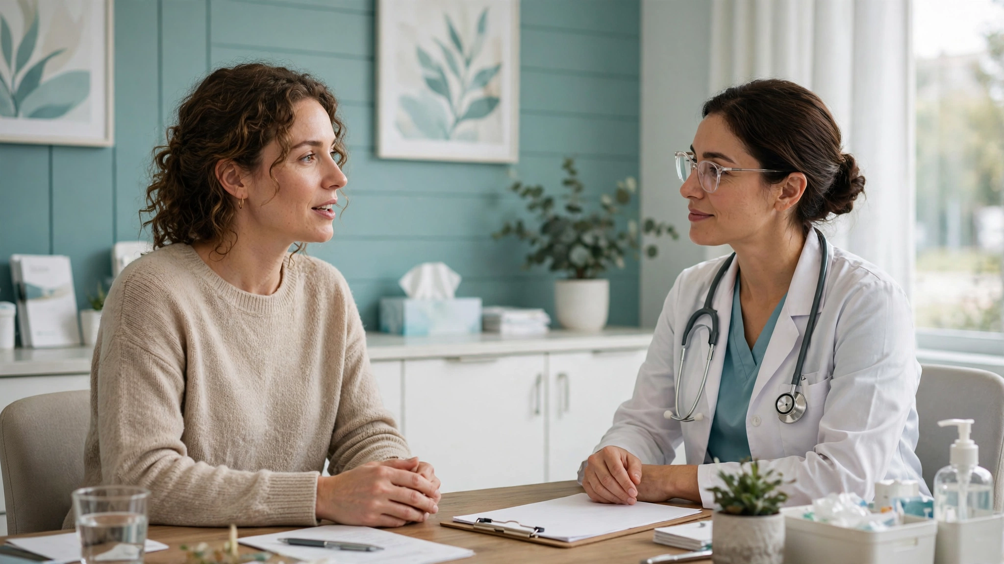 Woman discussing sexual health concerns with a female doctor at a clinic