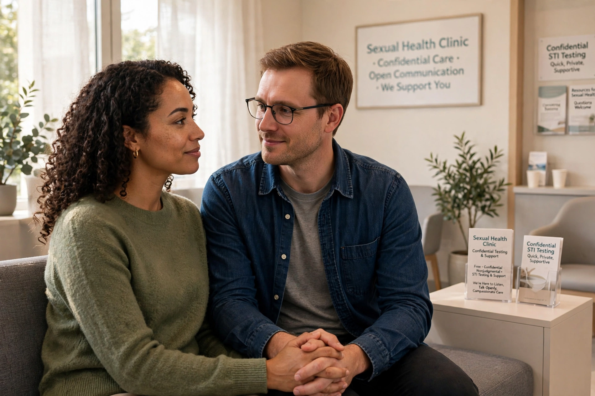 Supportive couple holding hands in a clinic waiting area before STI testing