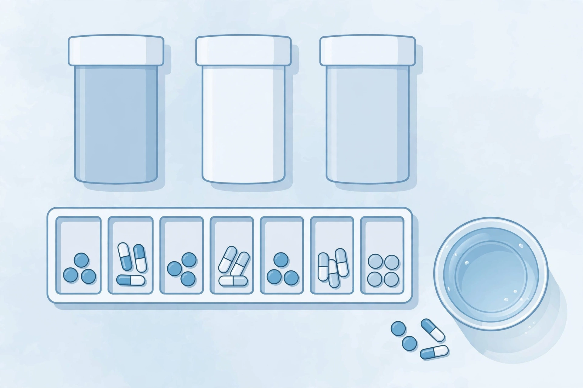 Prescription pill bottles and a weekly pill organizer, representing medications that can affect sex after stroke