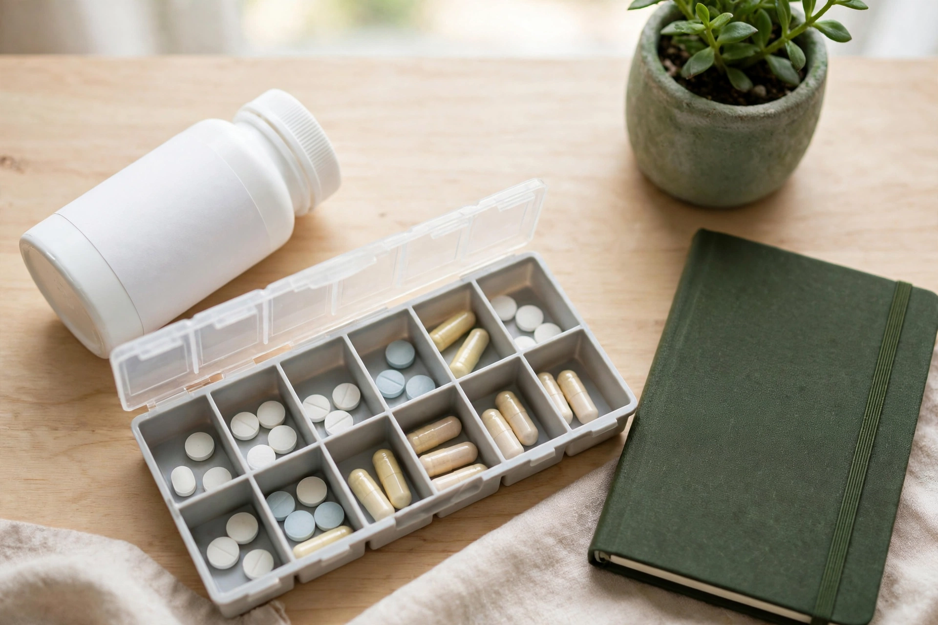 Prescription pill bottle beside a weekly pill organizer with tablets and capsules on a wooden desk, illustrating the link between anxiety meds and libido
