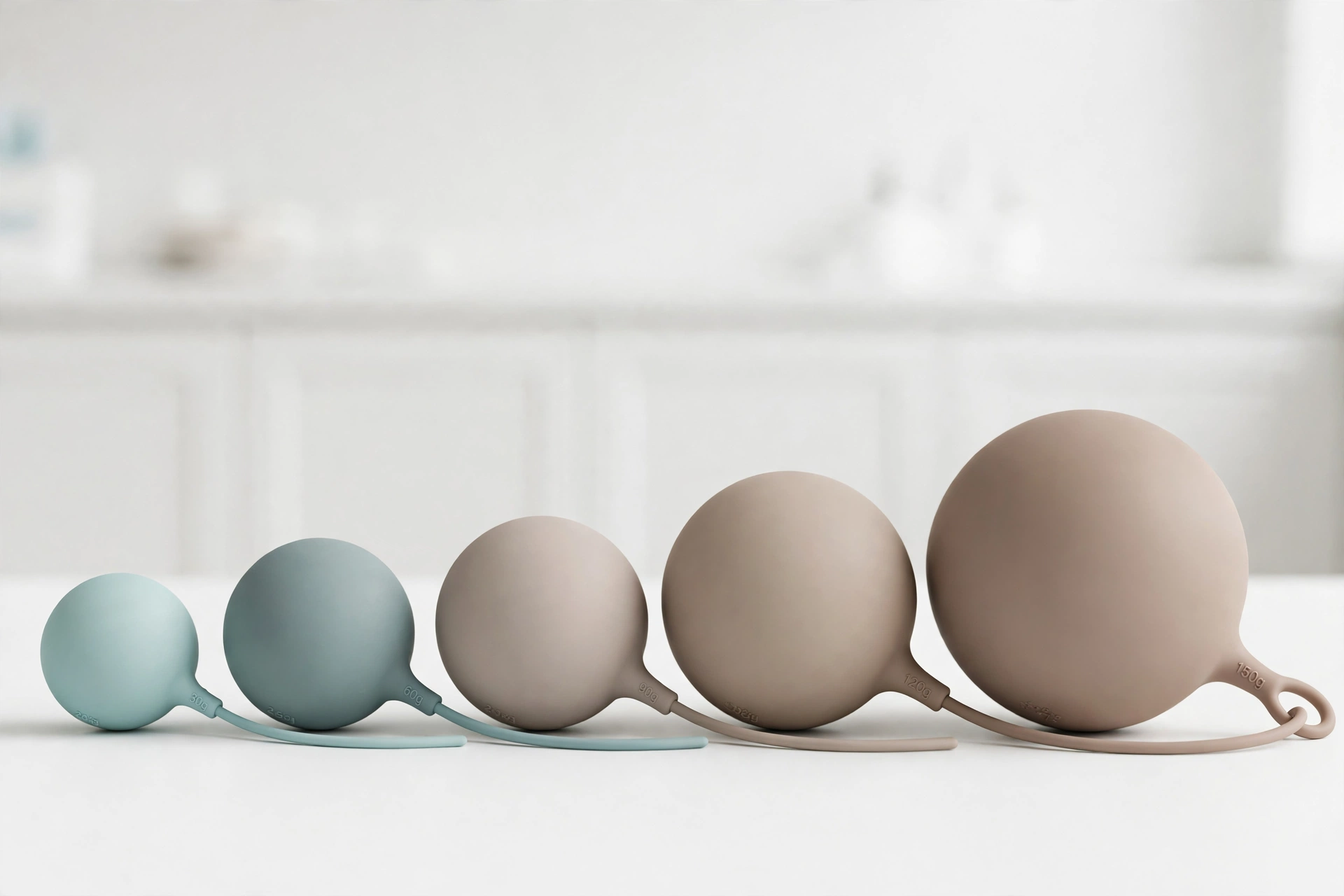 Graduated set of weighted kegel balls in medical-grade silicone from lightest to heaviest