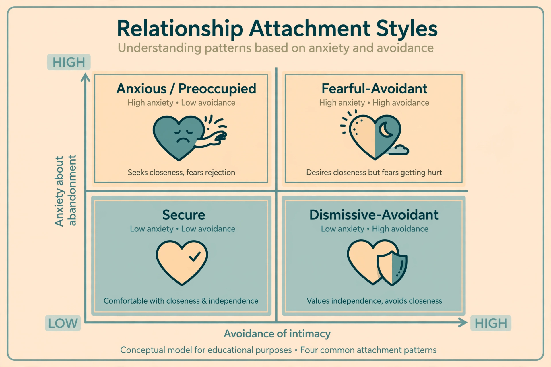 Educational diagram mapping the four attachment styles on anxiety and avoidance axes