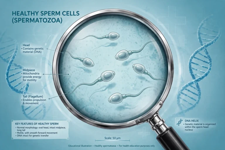 Medical illustration of healthy sperm cells under a microscope, showing what improving sperm count naturally involves