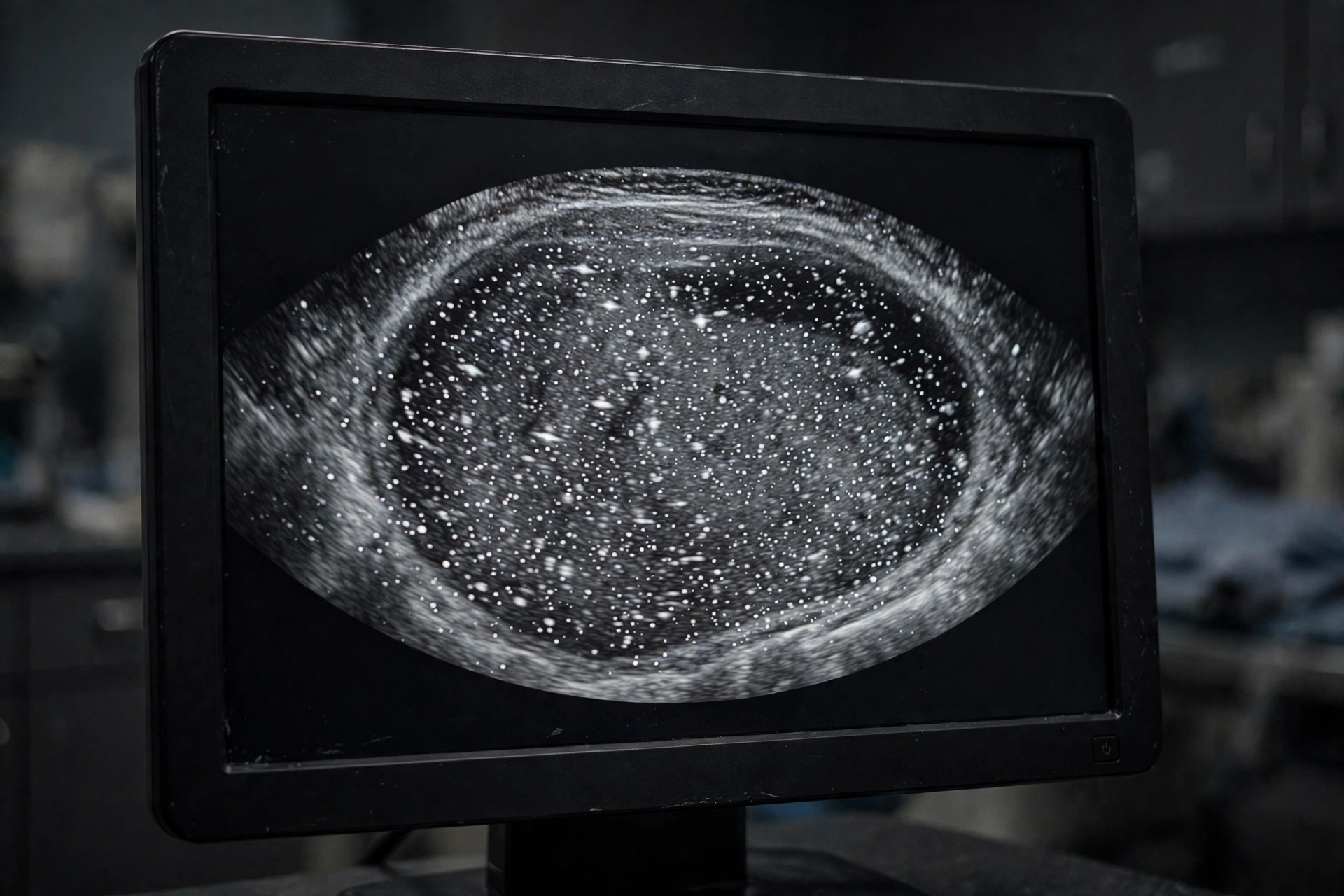 Ultrasound monitor showing a grayscale scrotal sonogram with scattered bright punctate foci typical of testicular microlithiasis